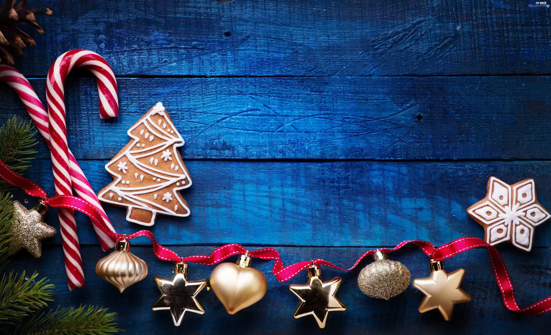 Christmas, composition, christmas tree, baubles, Cookies, Christmas, ribbon, Twigs, lollipops