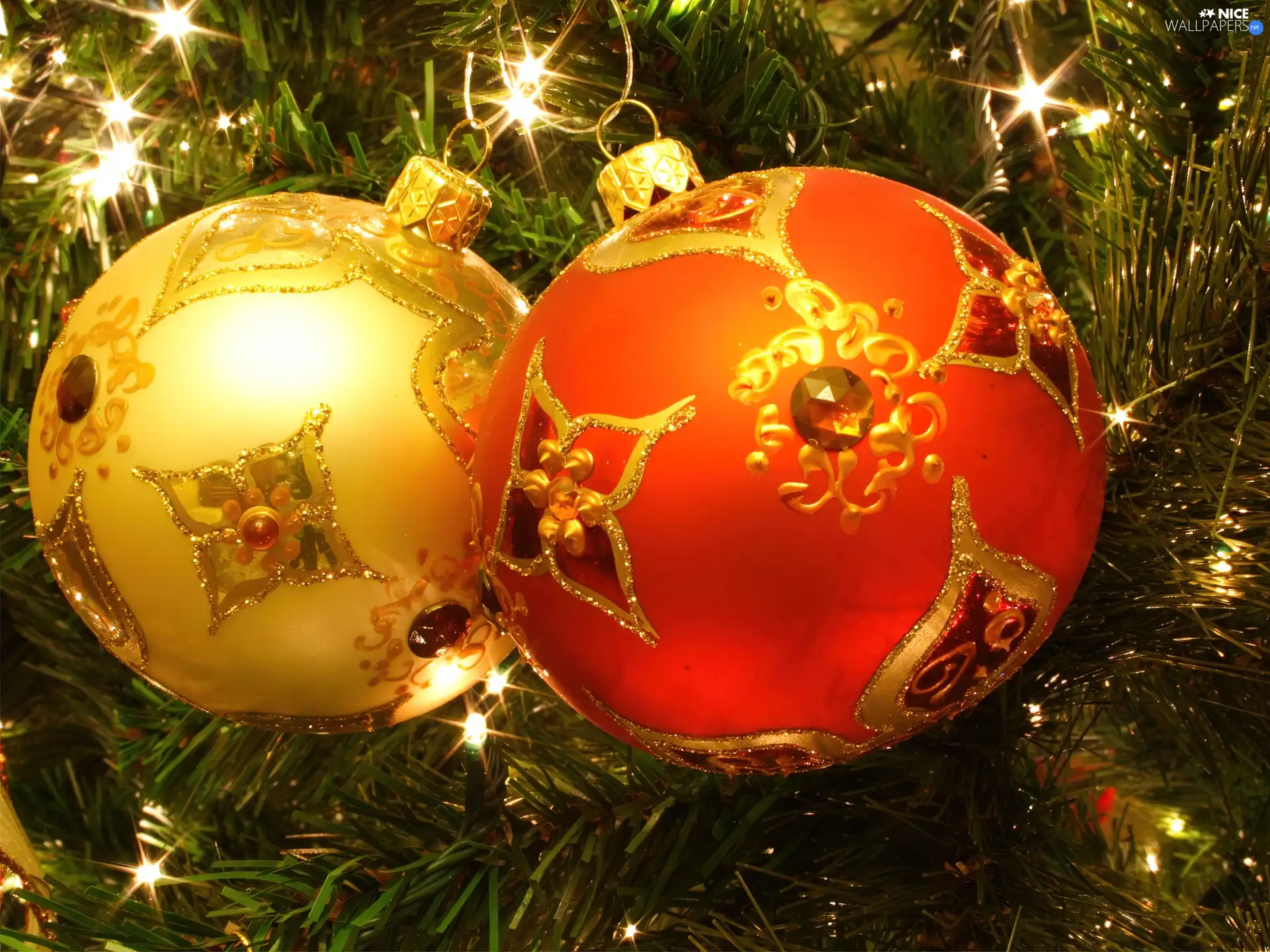 Two, an, Christmas tree, baubles