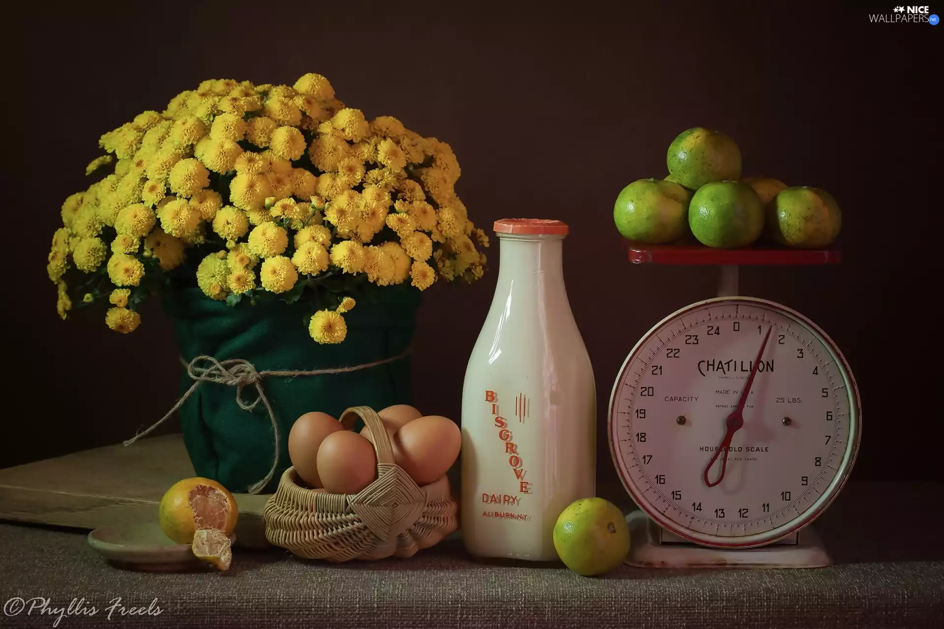 weight, bouquet, eggs, Chrysanthemums, milk, Fruits, composition