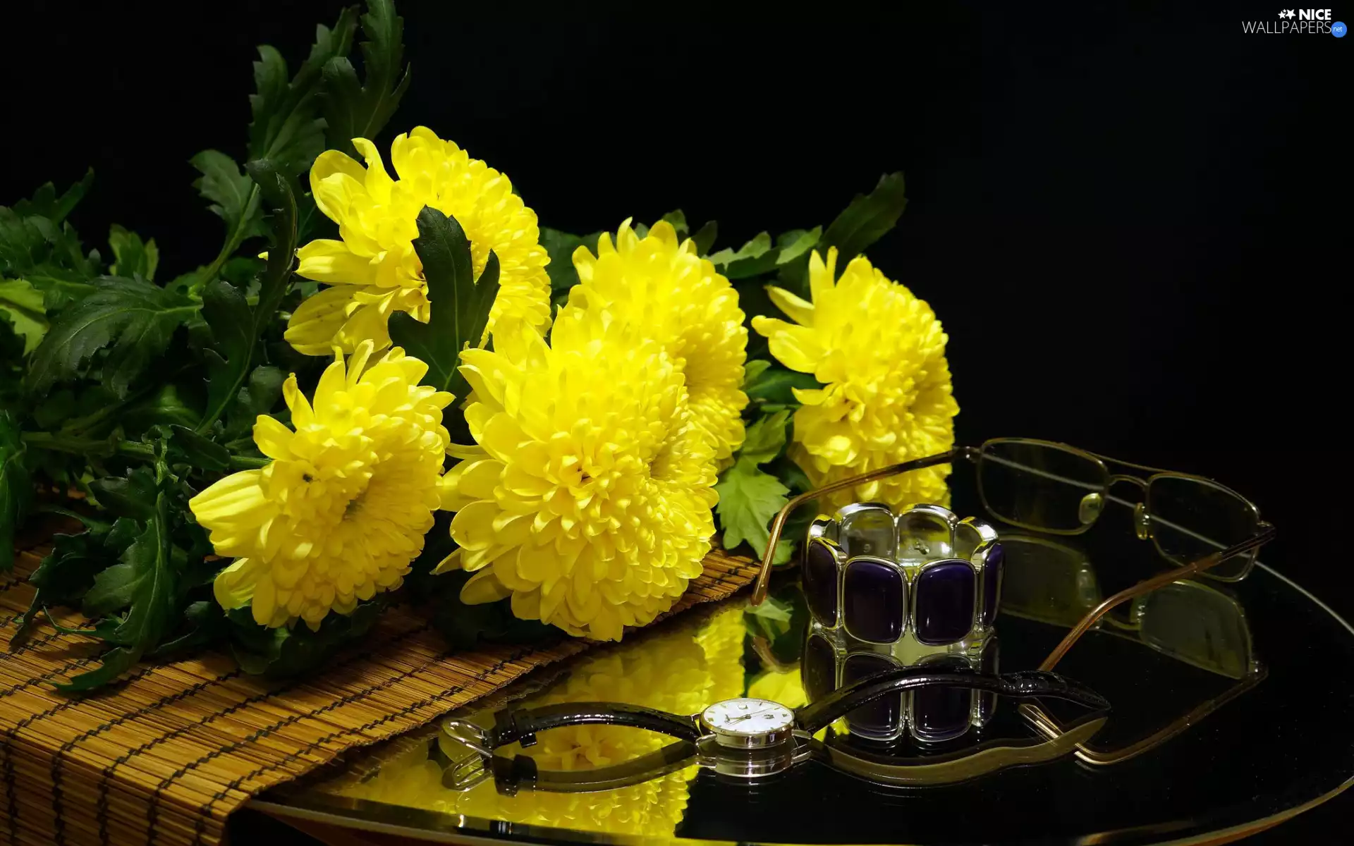 Table, Yellow, Watch, Chrysanthemums, Flowers, Glasses, composition