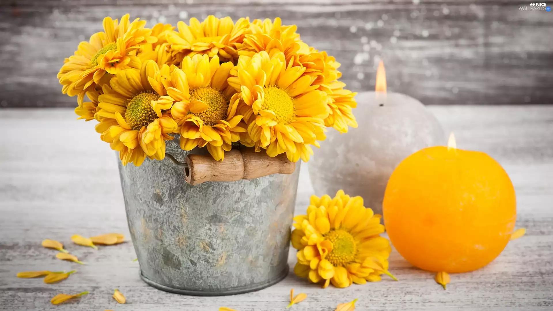 Yellow, Bucket, Candles, Chrysanthemums