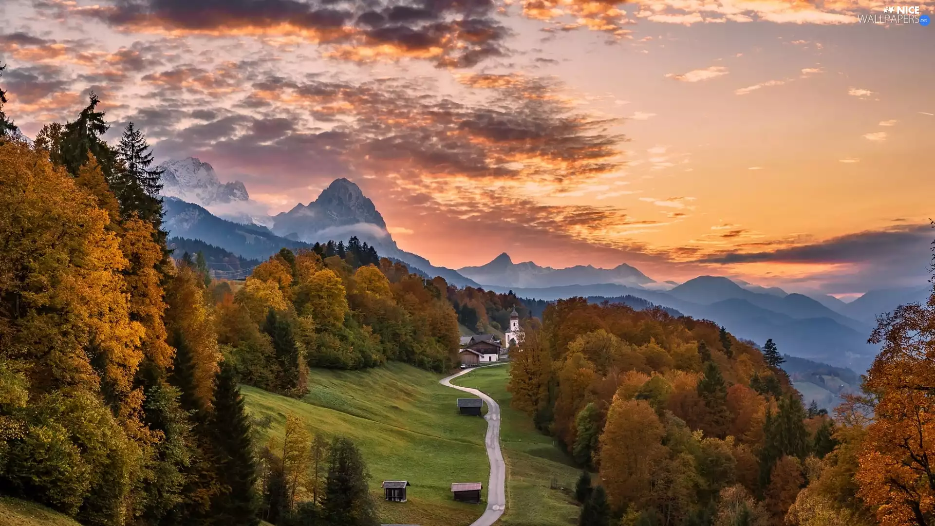 Bavaria, Germany, Wamberg Village, Mountains, trees, viewes, Way, Church of Sts. Anna, The Hills