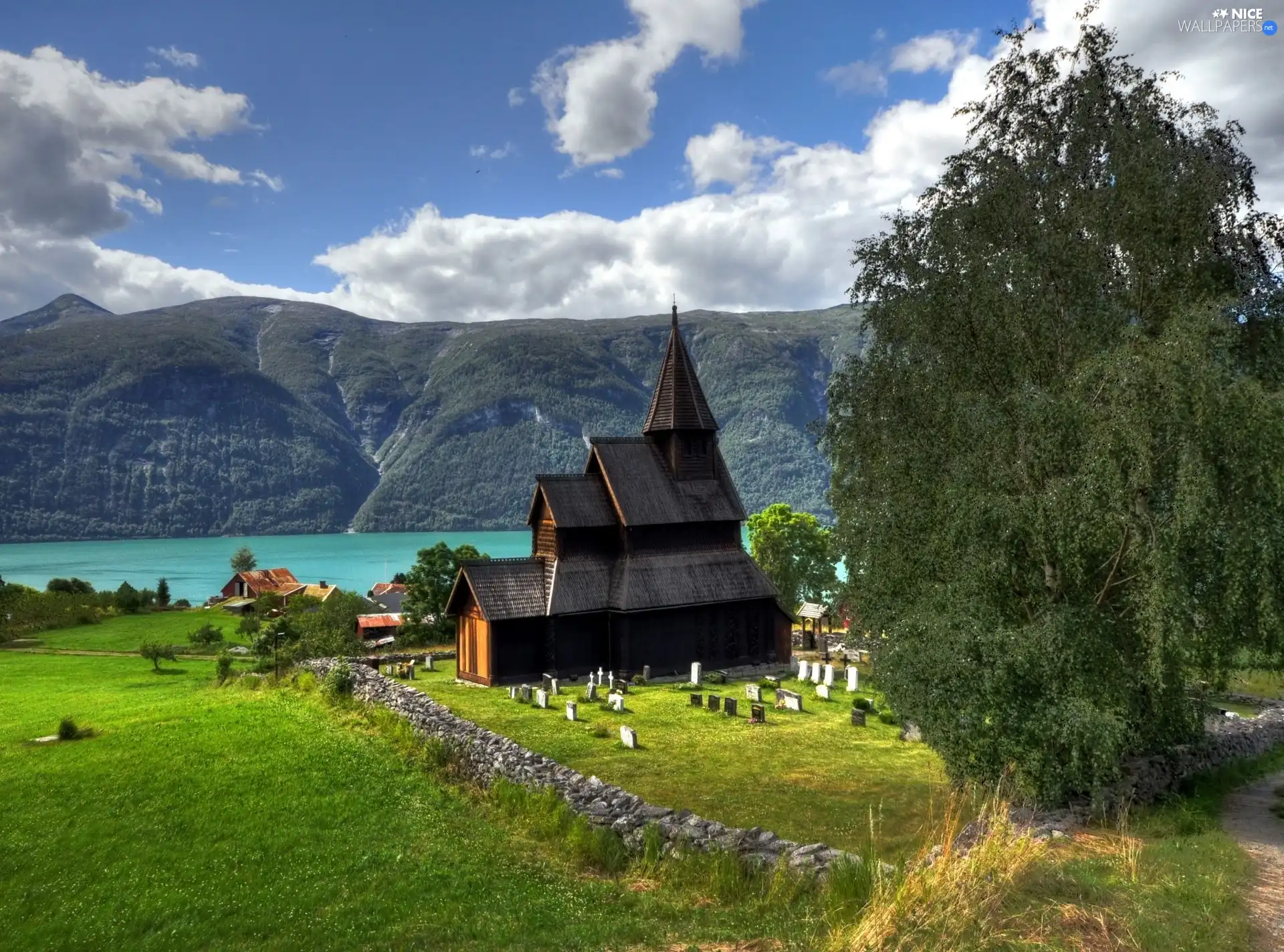 Church, trees, clouds, wooden, Mountains