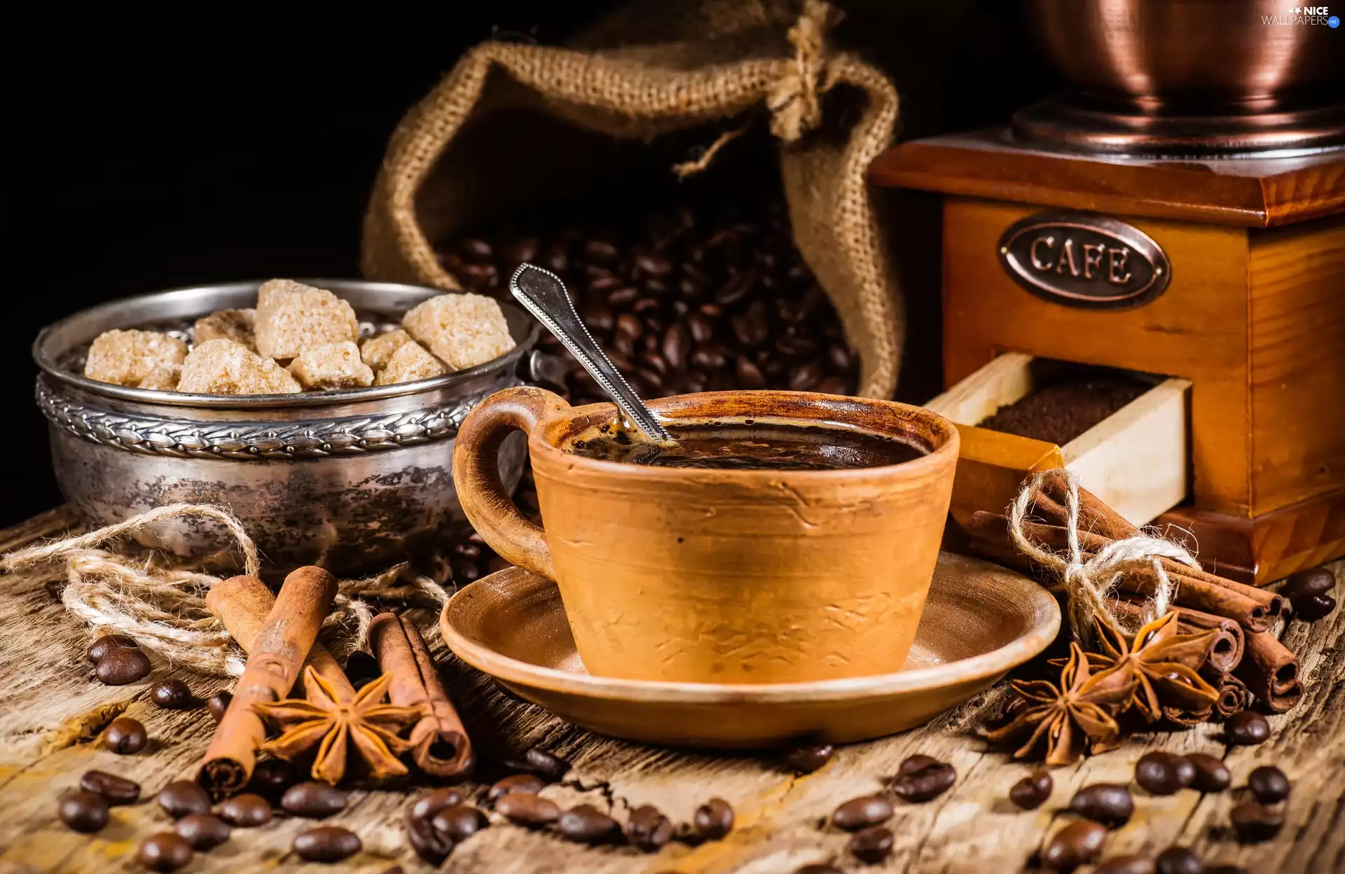 grains, cinnamon, mill, bag, coffee