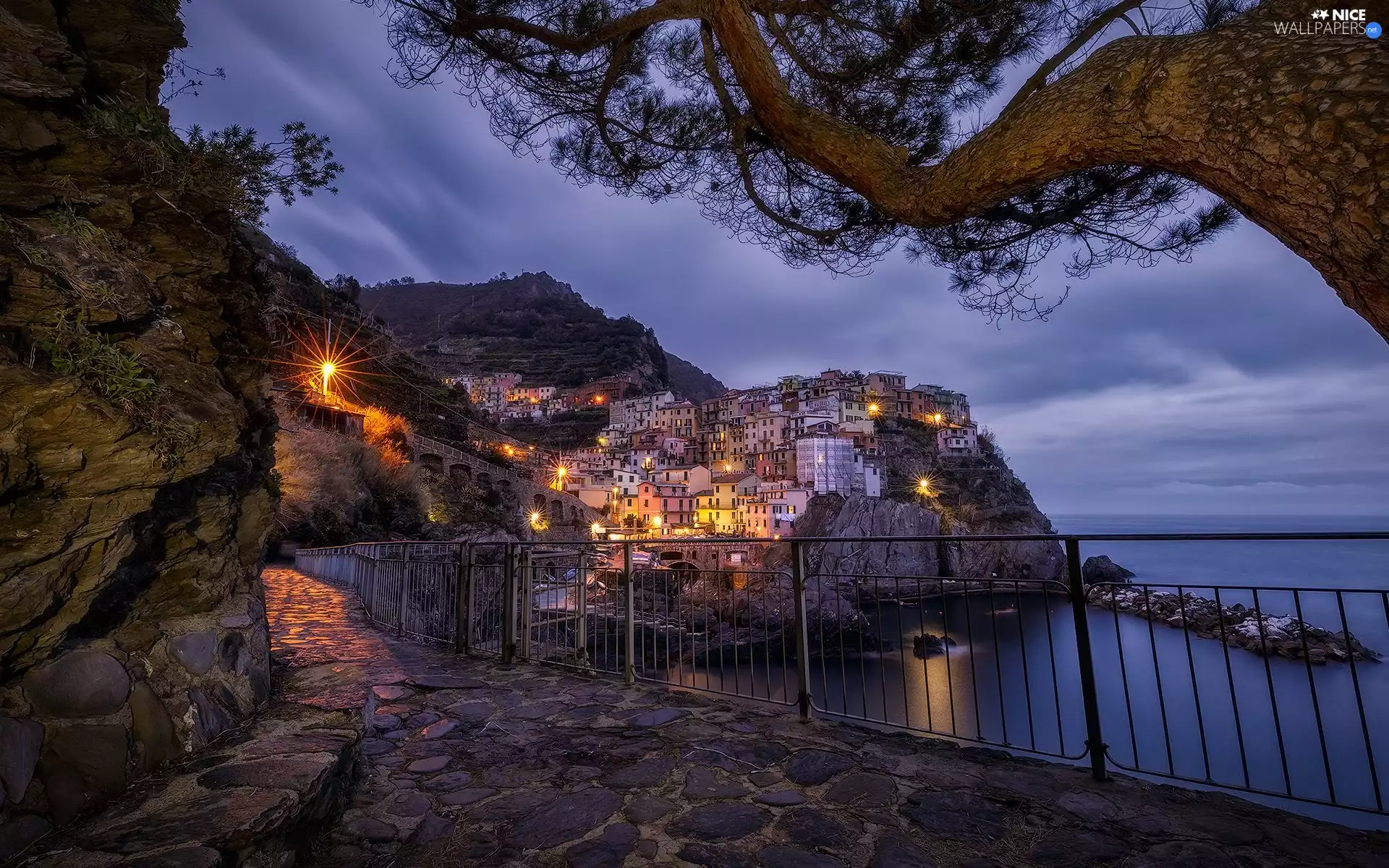 Houses, Riomaggiore Municipality, Cinque Terre, Night, Ligurian Sea, Italy, Manarola, Gulf, light, color