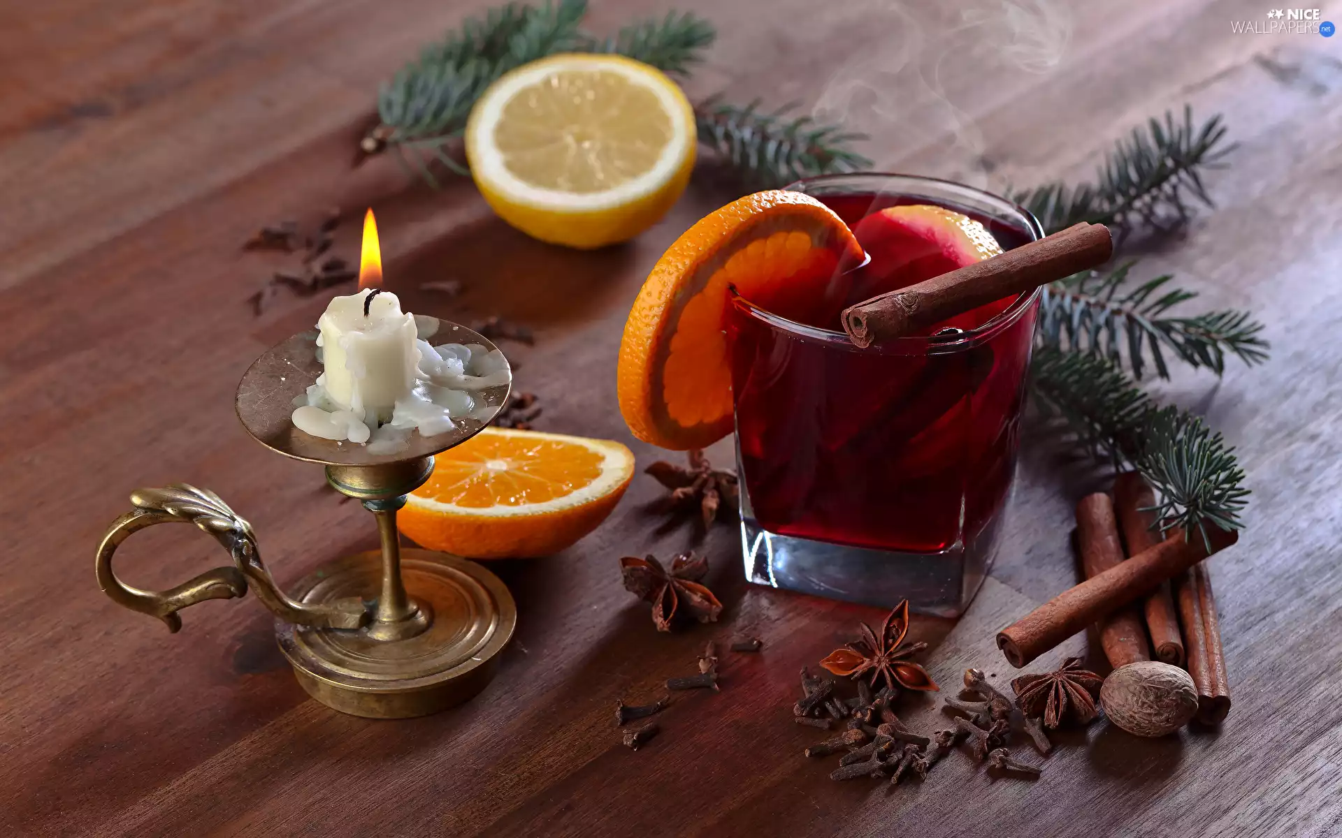 cup, Punch, Twigs, slices, Candle, Christmas, composition, citrus