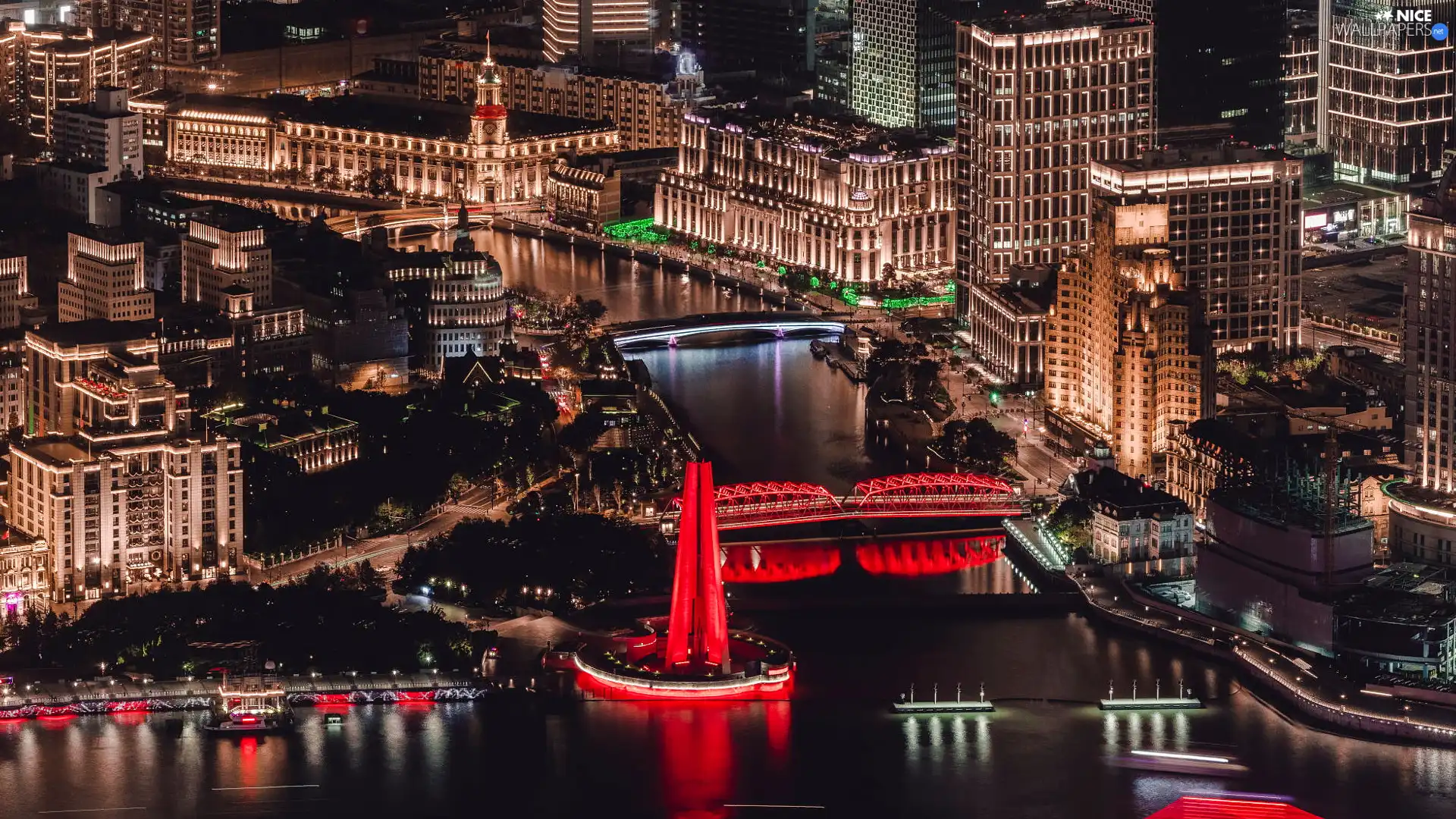 illuminated, Houses, River, City at Night