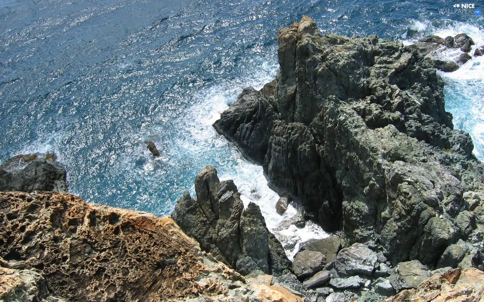 cliff, water, rocks