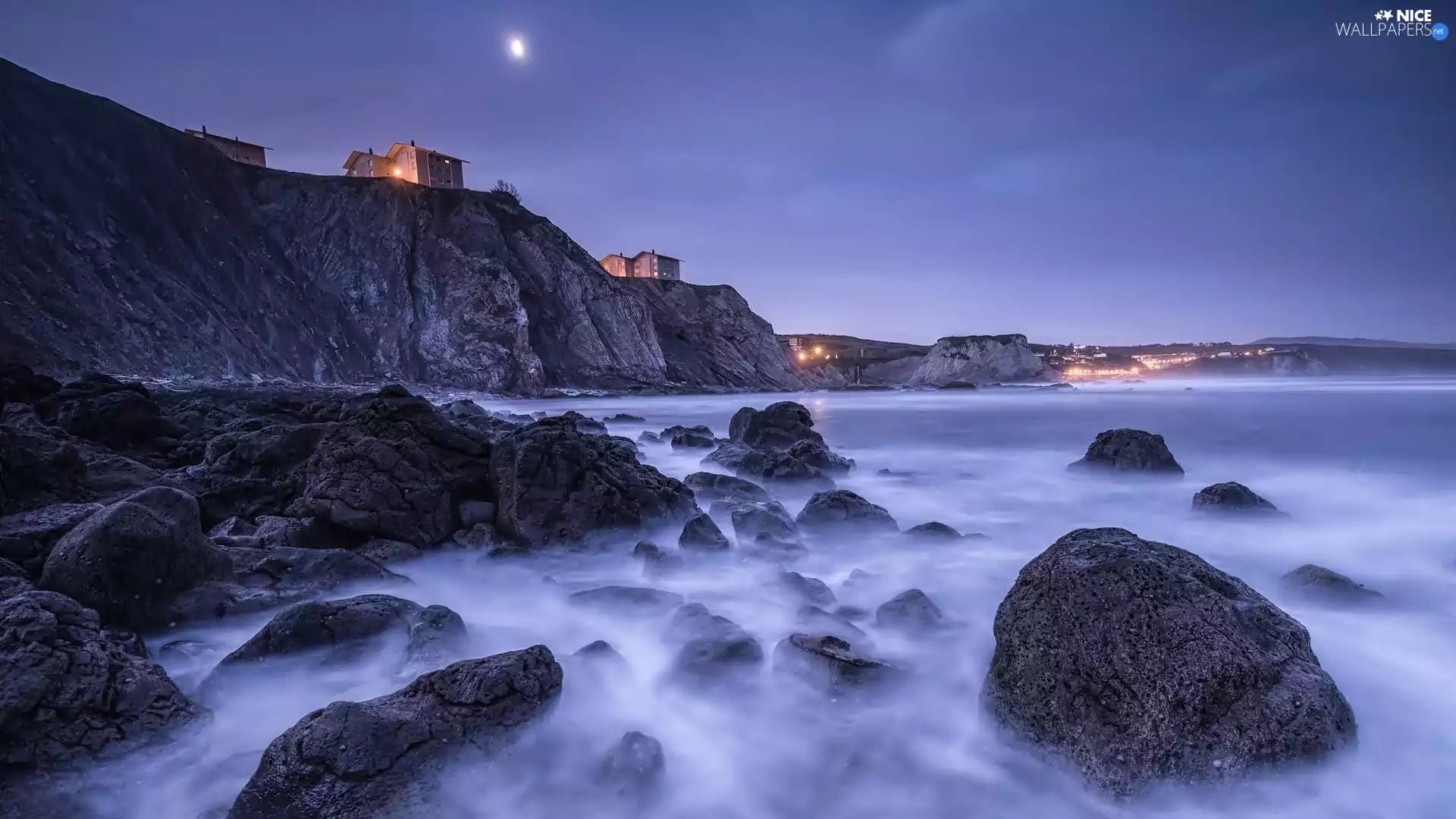 Houses, sea, rocks, Cliffs