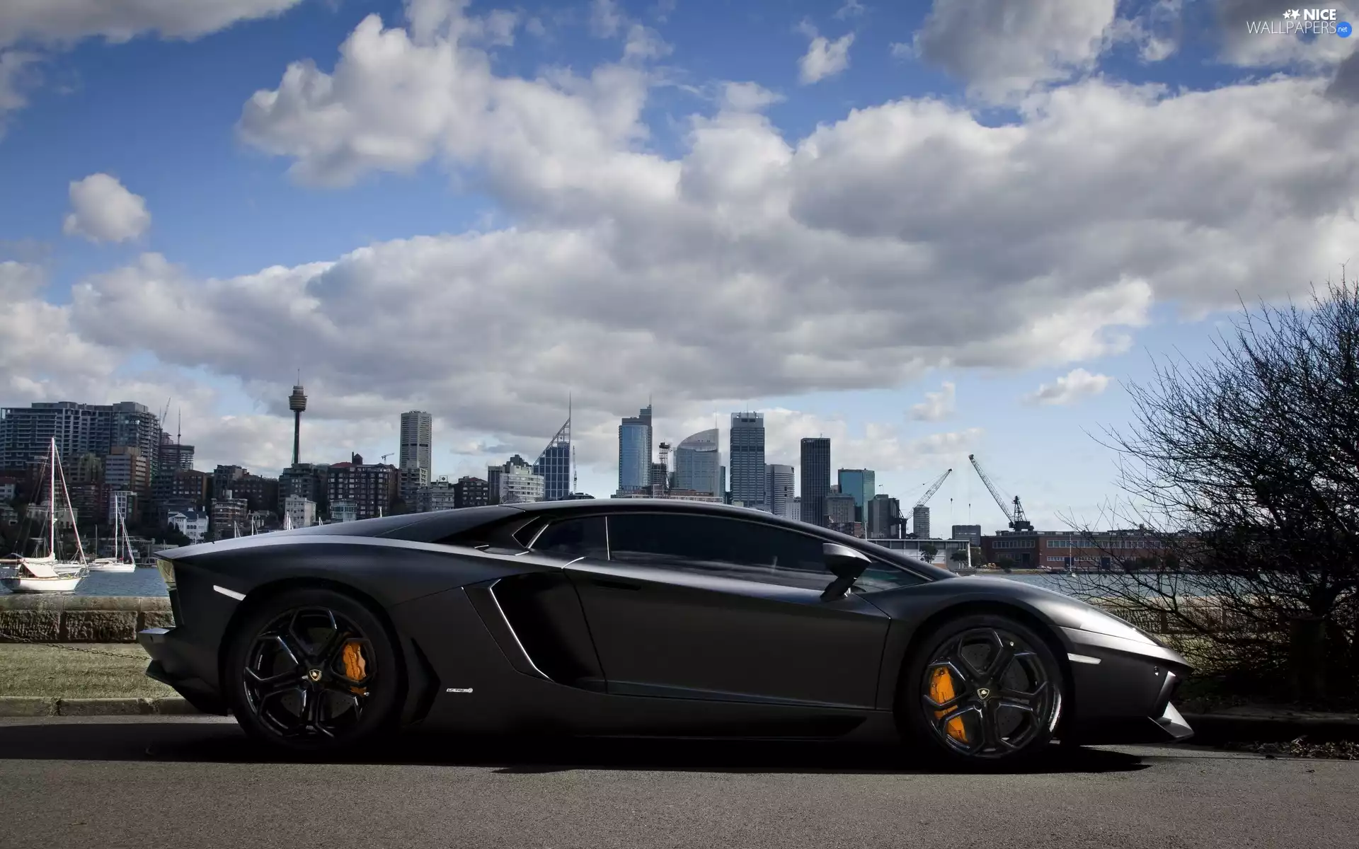 Street, Lamborghini, town, clouds, panorama, Aventador