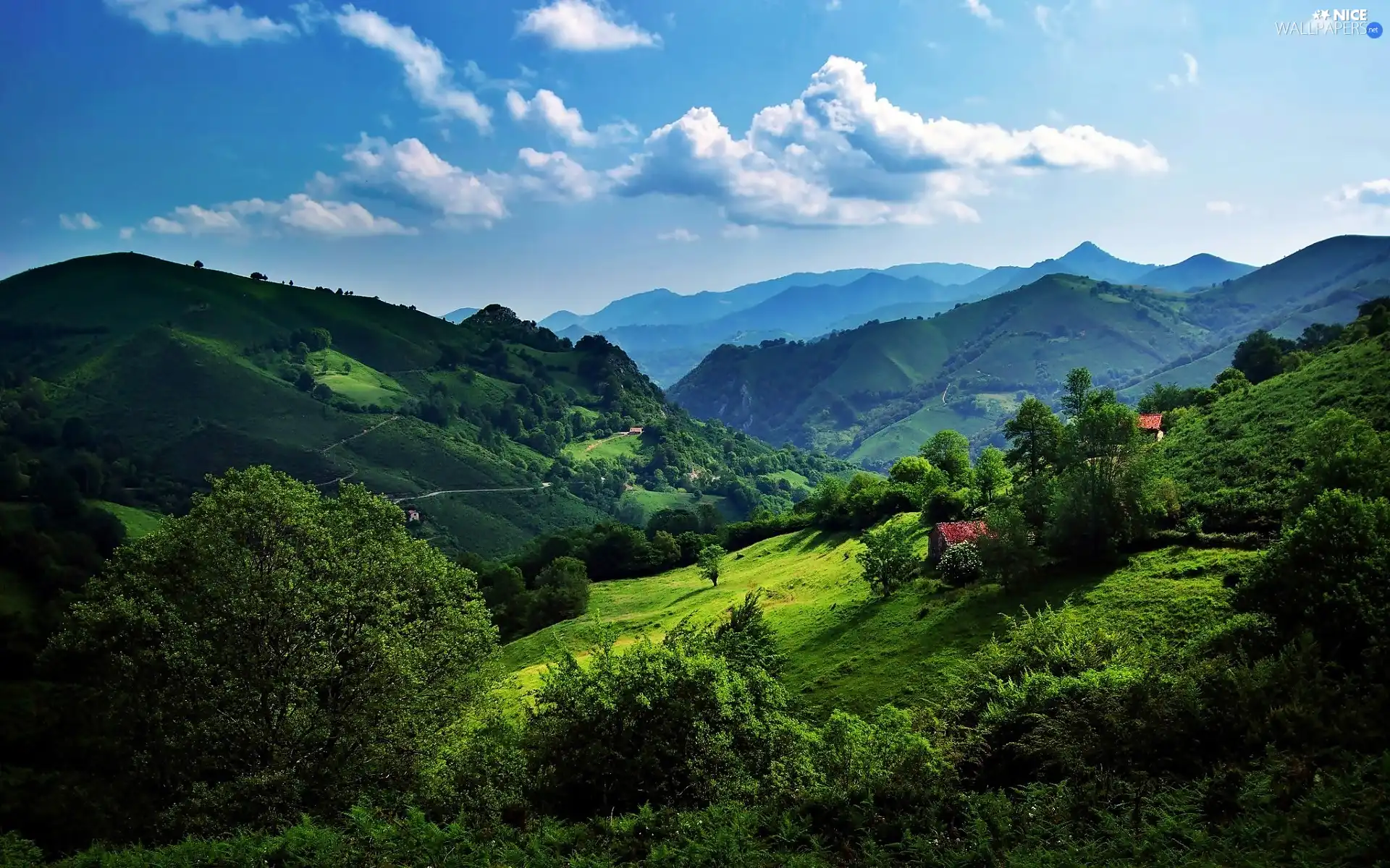 medows, Mountains, clouds, Cantabria, Houses, woods