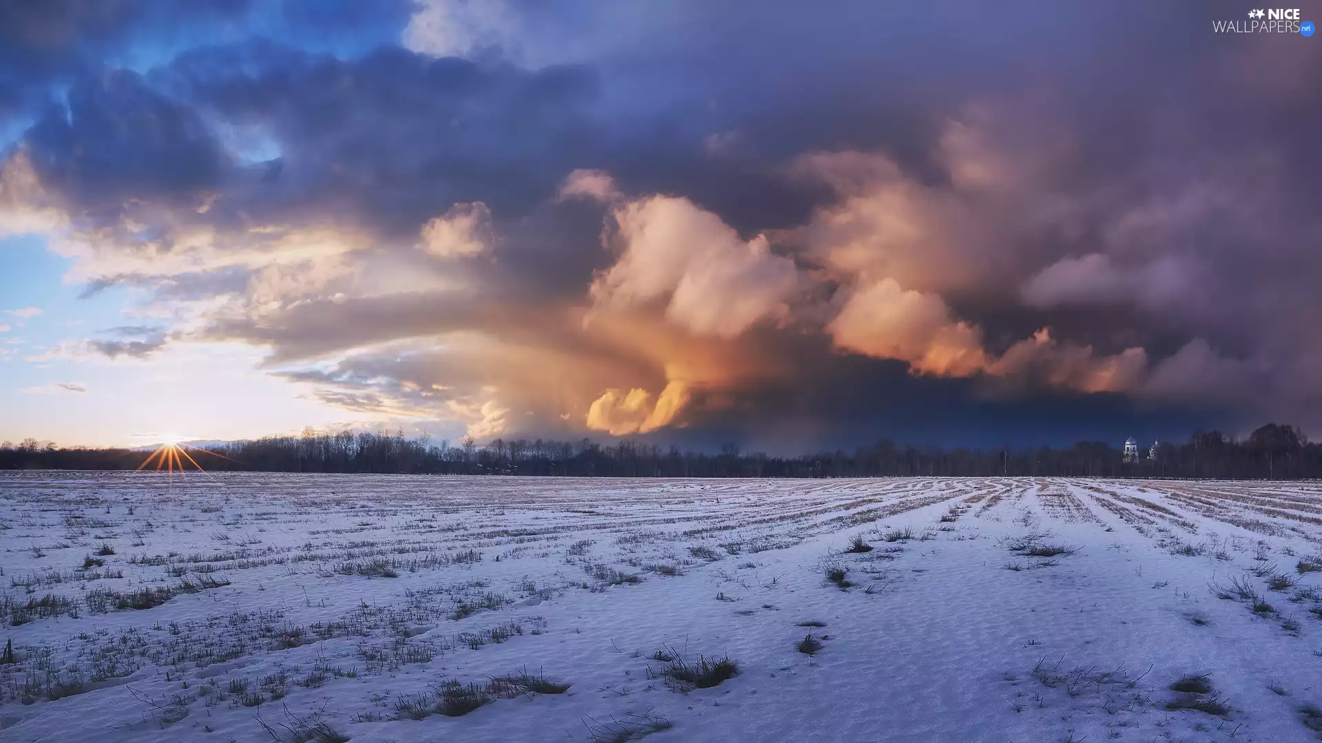 clouds, winter, rays of the Sun, Cerkiew, forest, field