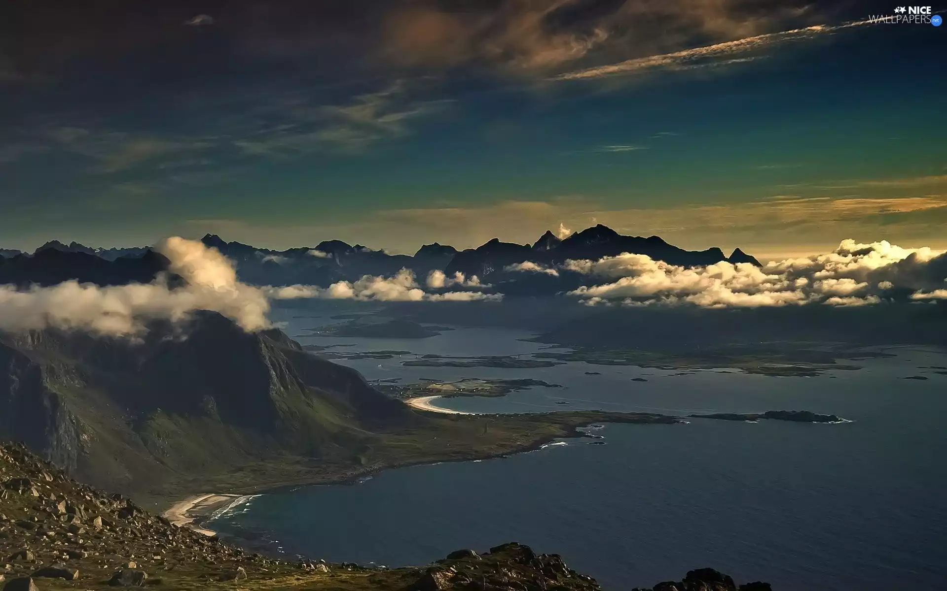 clouds, lakes, Cliffs