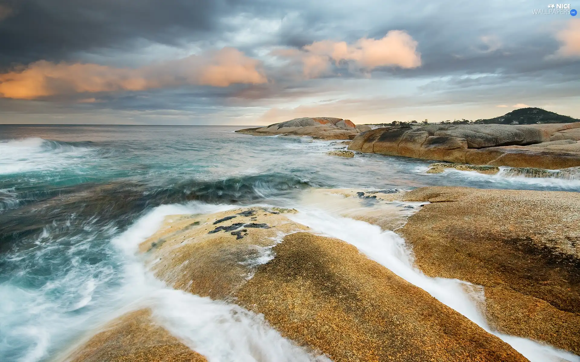 Coast, rocks, clouds, Waves