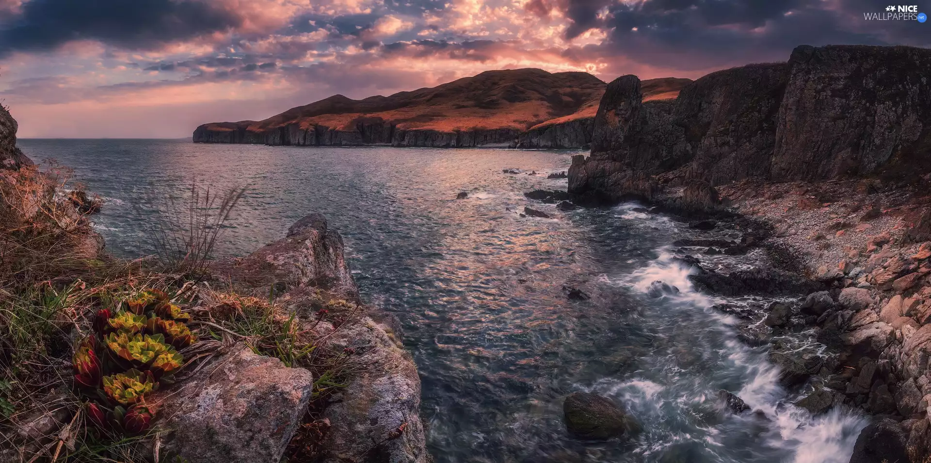 VEGETATION, clouds, Coast, rocks, sea