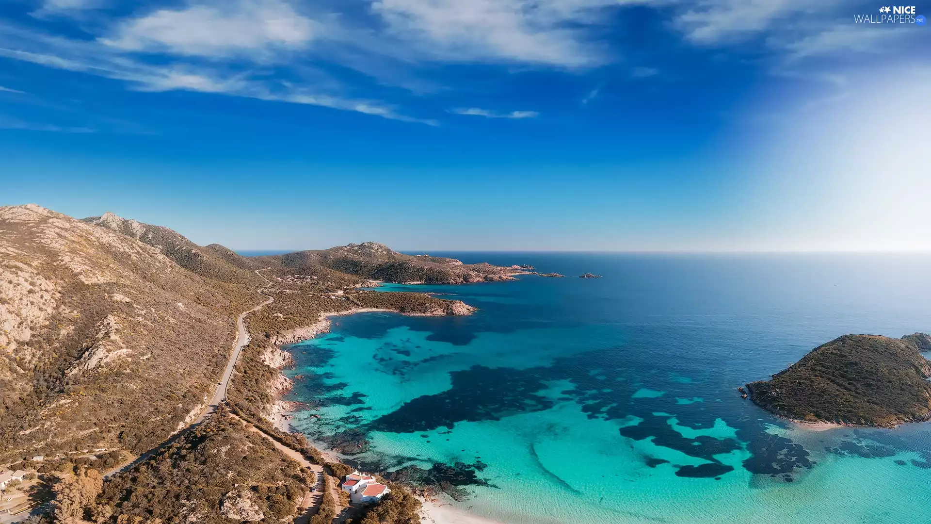 Mountains, sea, Way, clouds, Houses, Coast