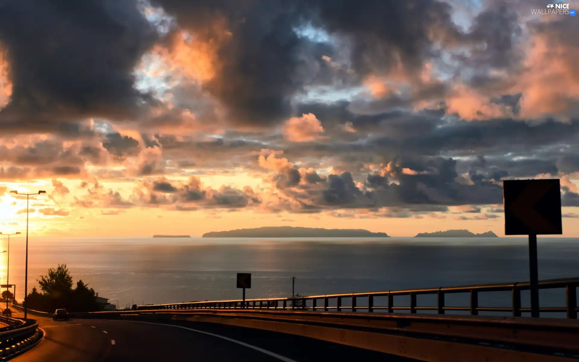 Way, lake, clouds, crash barrier