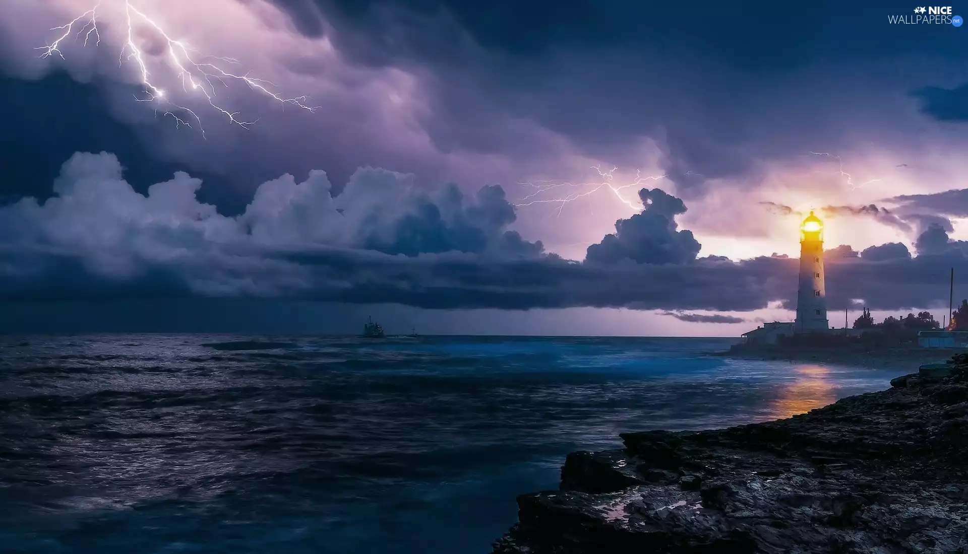 Tarkhankut Lighthouse, Crimea, clouds, Ship, thunderbolt, sea