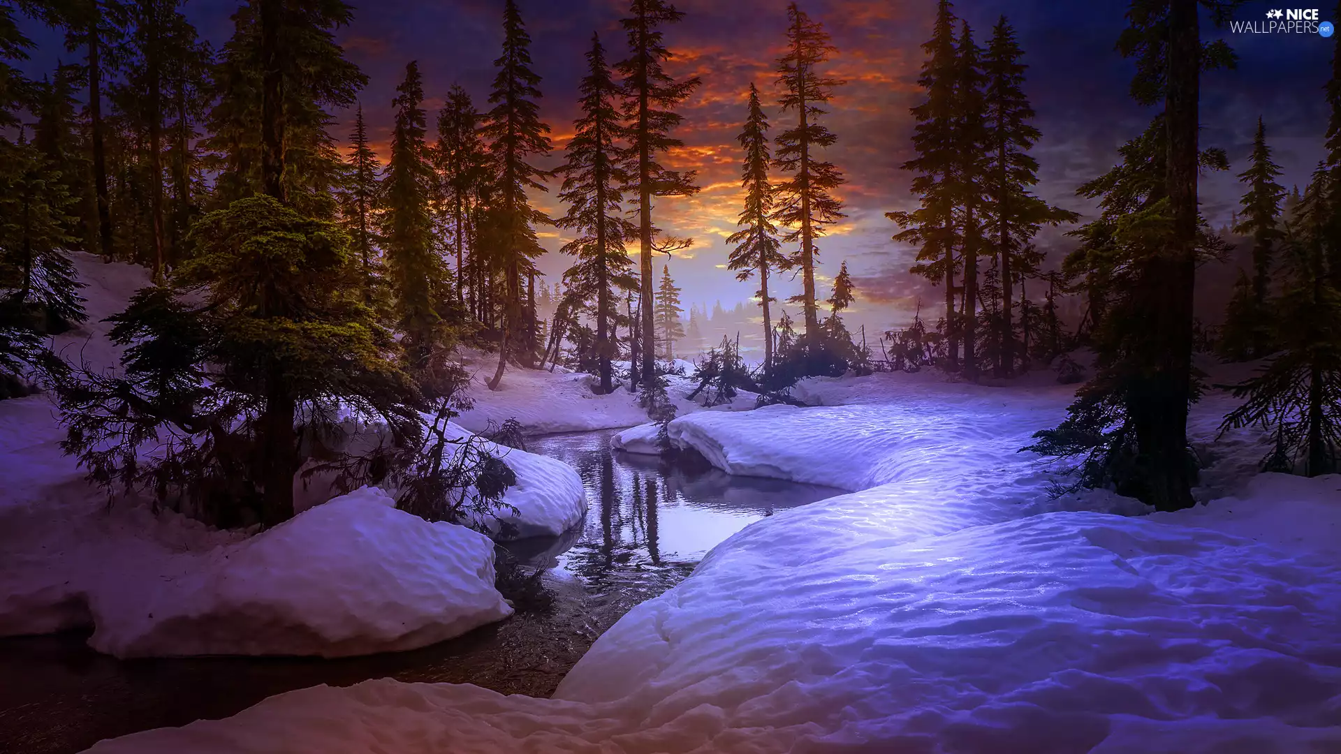 River, winter, viewes, clouds, trees, forest