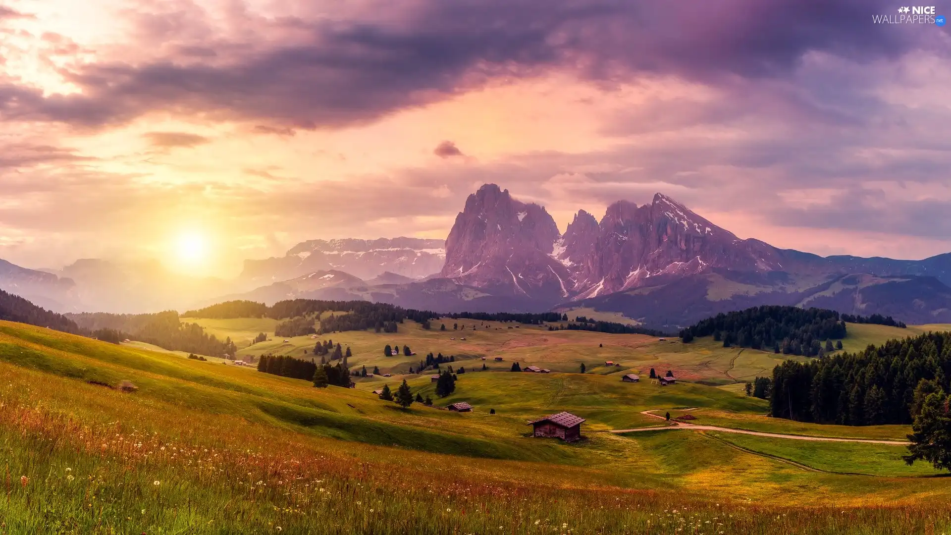 Dolomites, Italy, wood, Sassolungo Mountains, trees, clouds, Sunrise, Val Gardena Valley, Seiser Alm Meadow, viewes, Houses