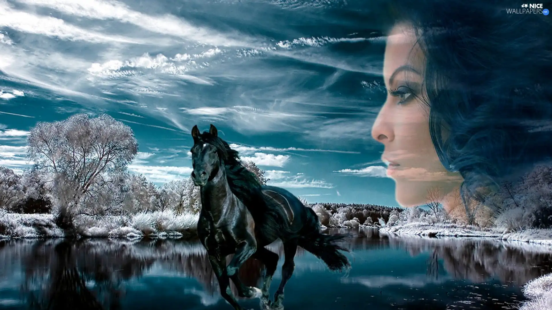 girl, water, clouds, Horse