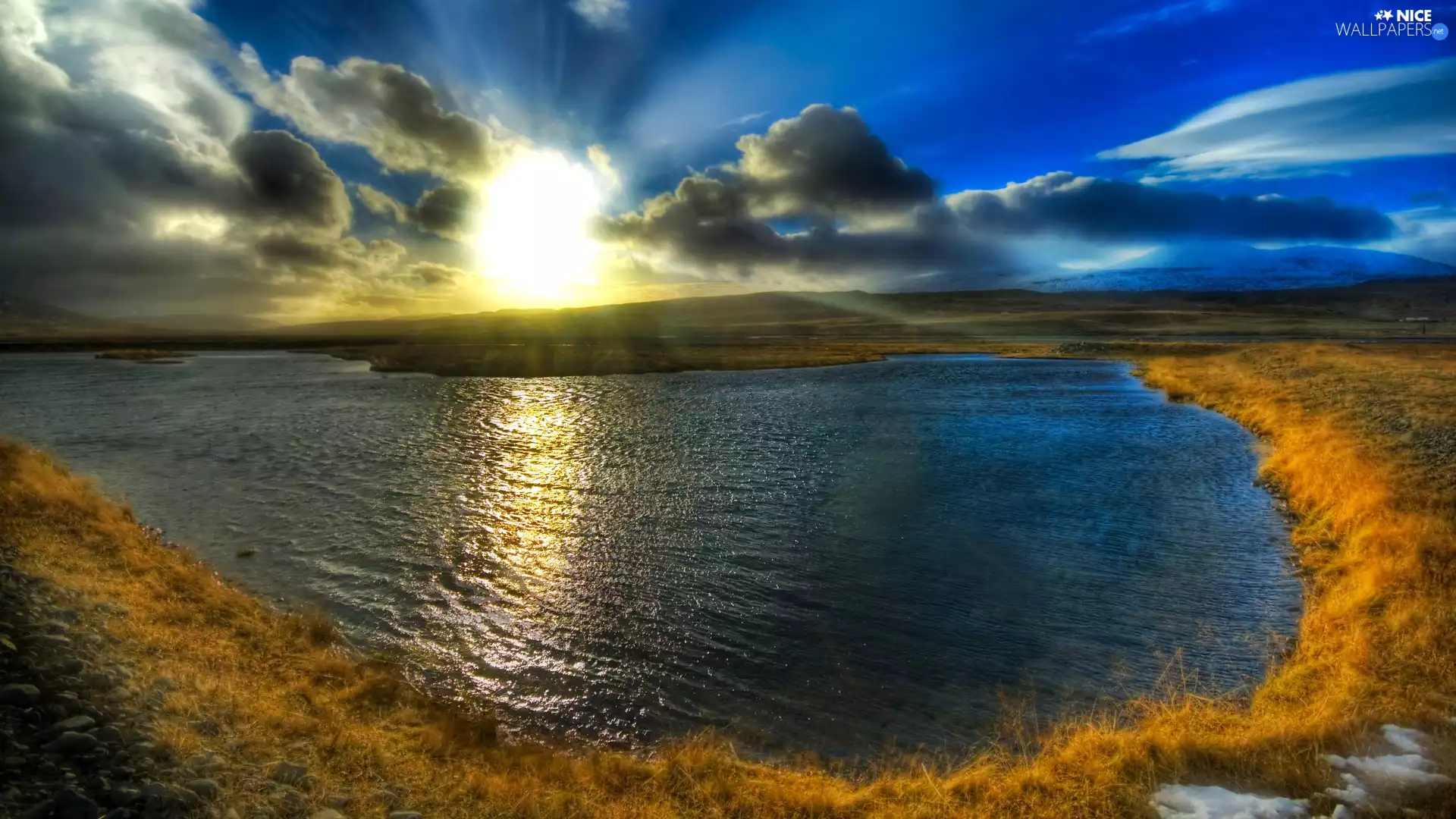 lake, clouds, Great Sunsets, Sky
