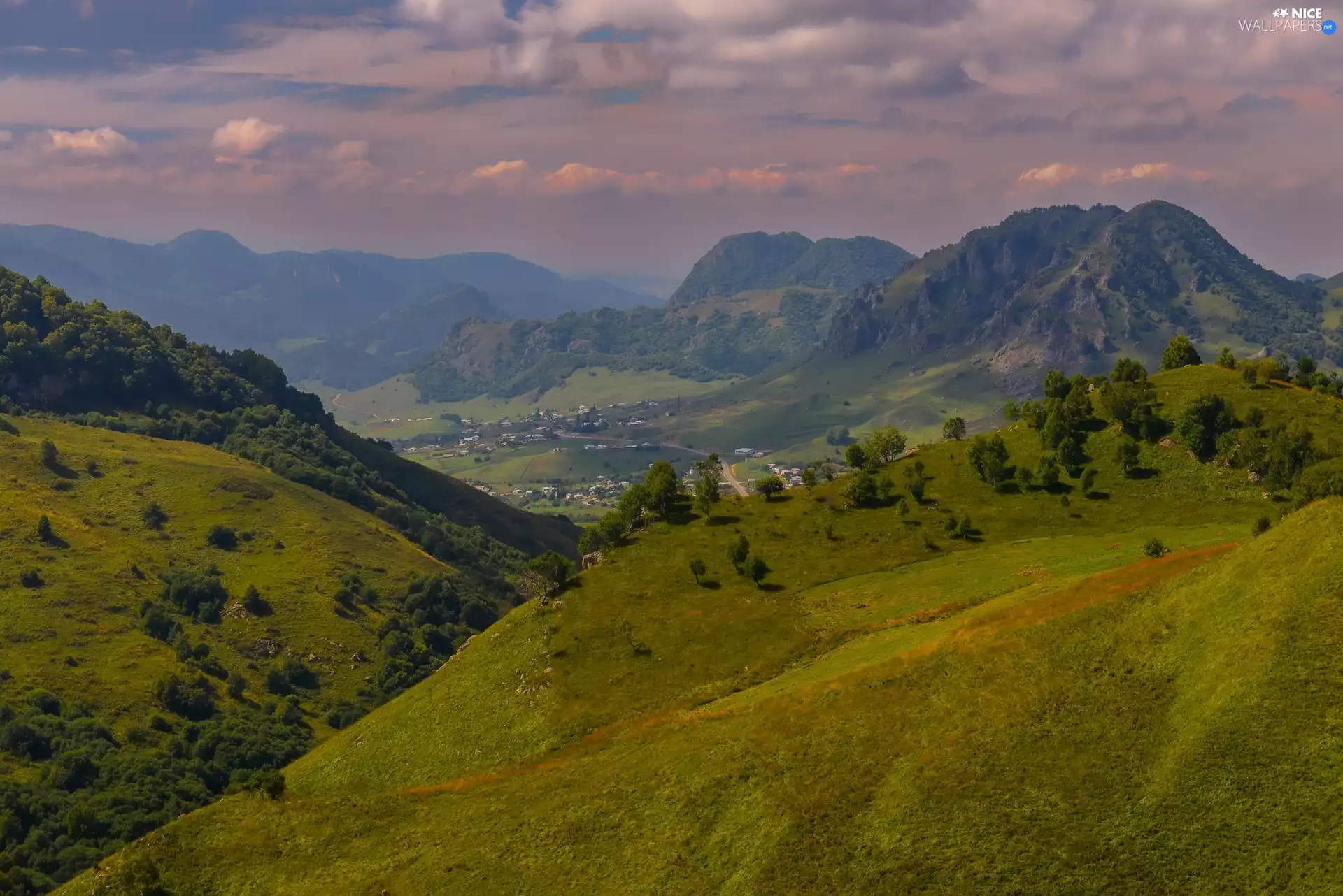 Valley, The Hills, viewes, Mountains, forested, trees, clouds