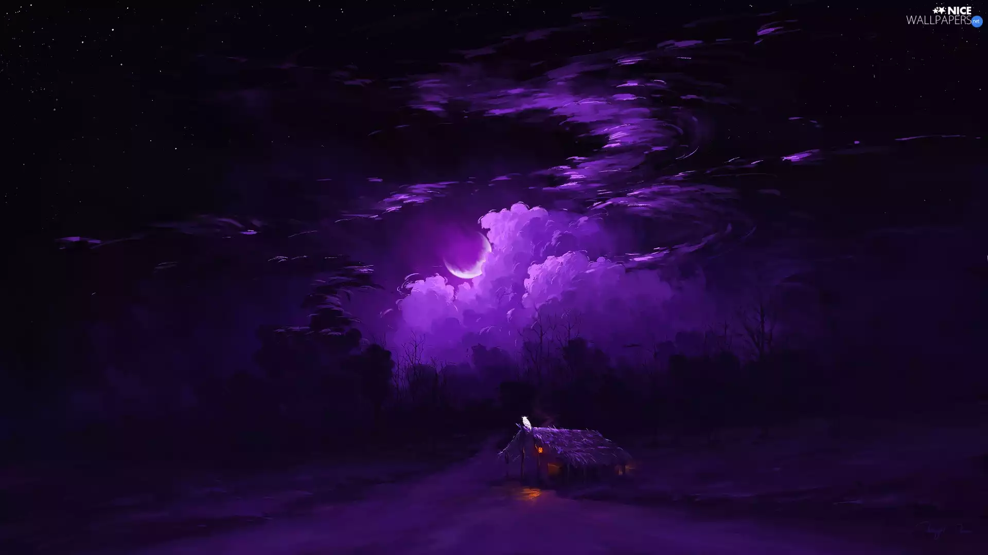 moon, clouds, Home, Night, graphics