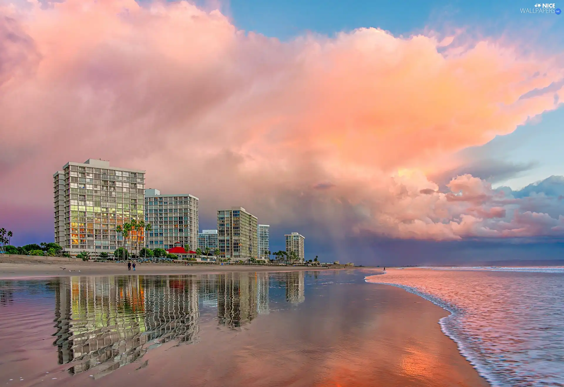 Hotels, Beaches, clouds, sea