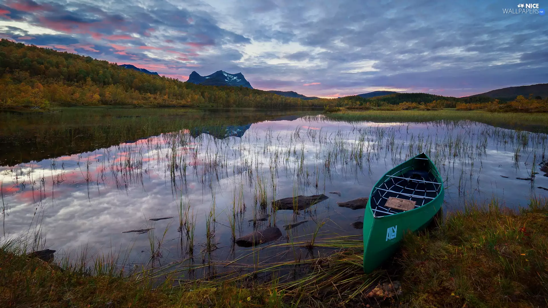 Mountains, clouds, Kayak, grass, lake