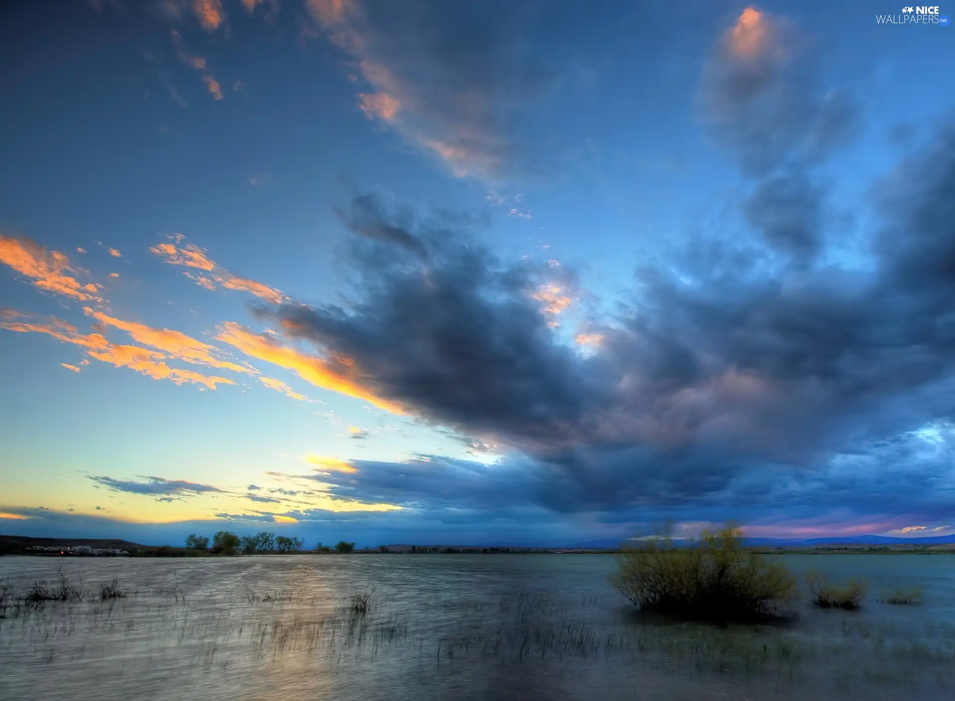 lake, clouds