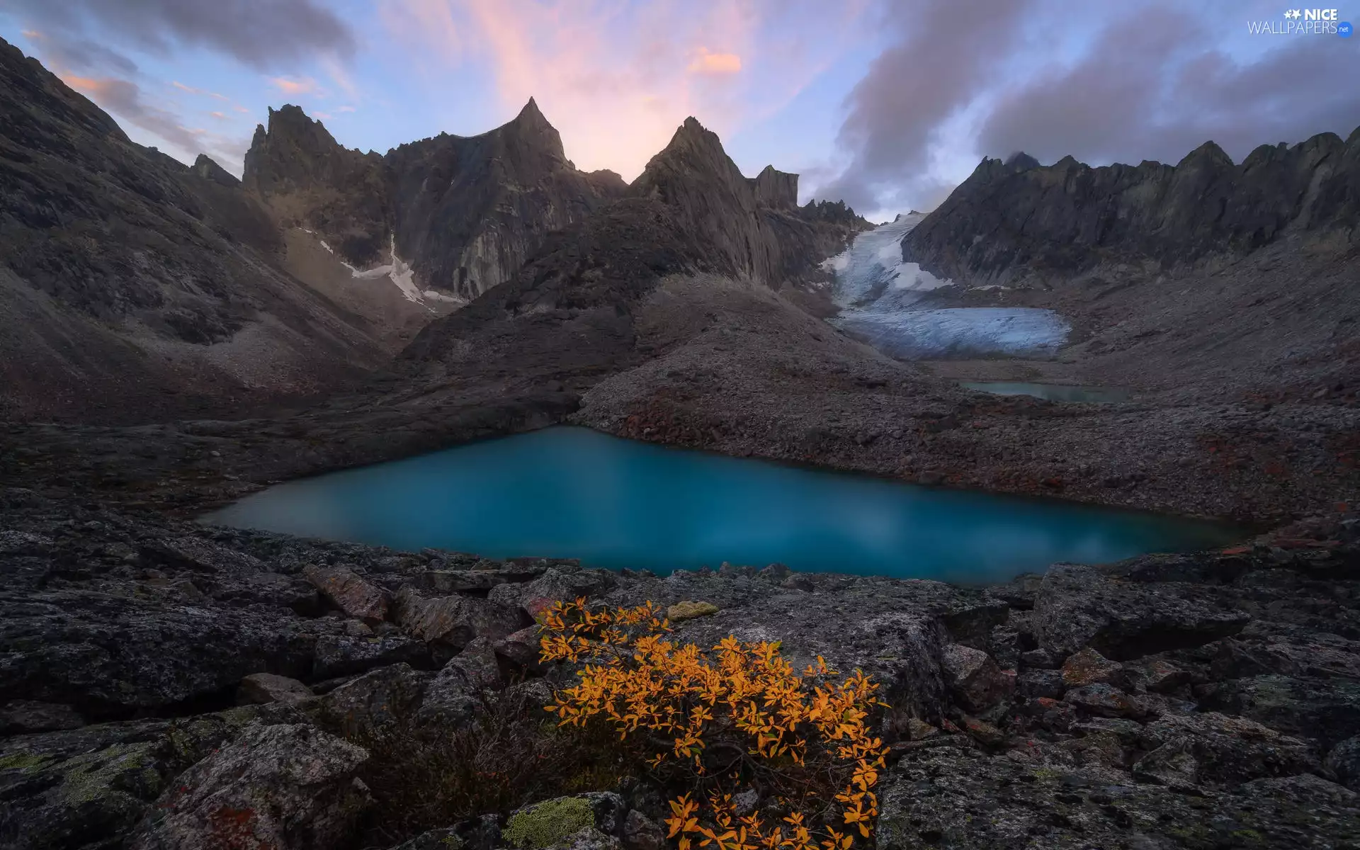 rocks, Mountains, Bush, clouds, Stones, lake