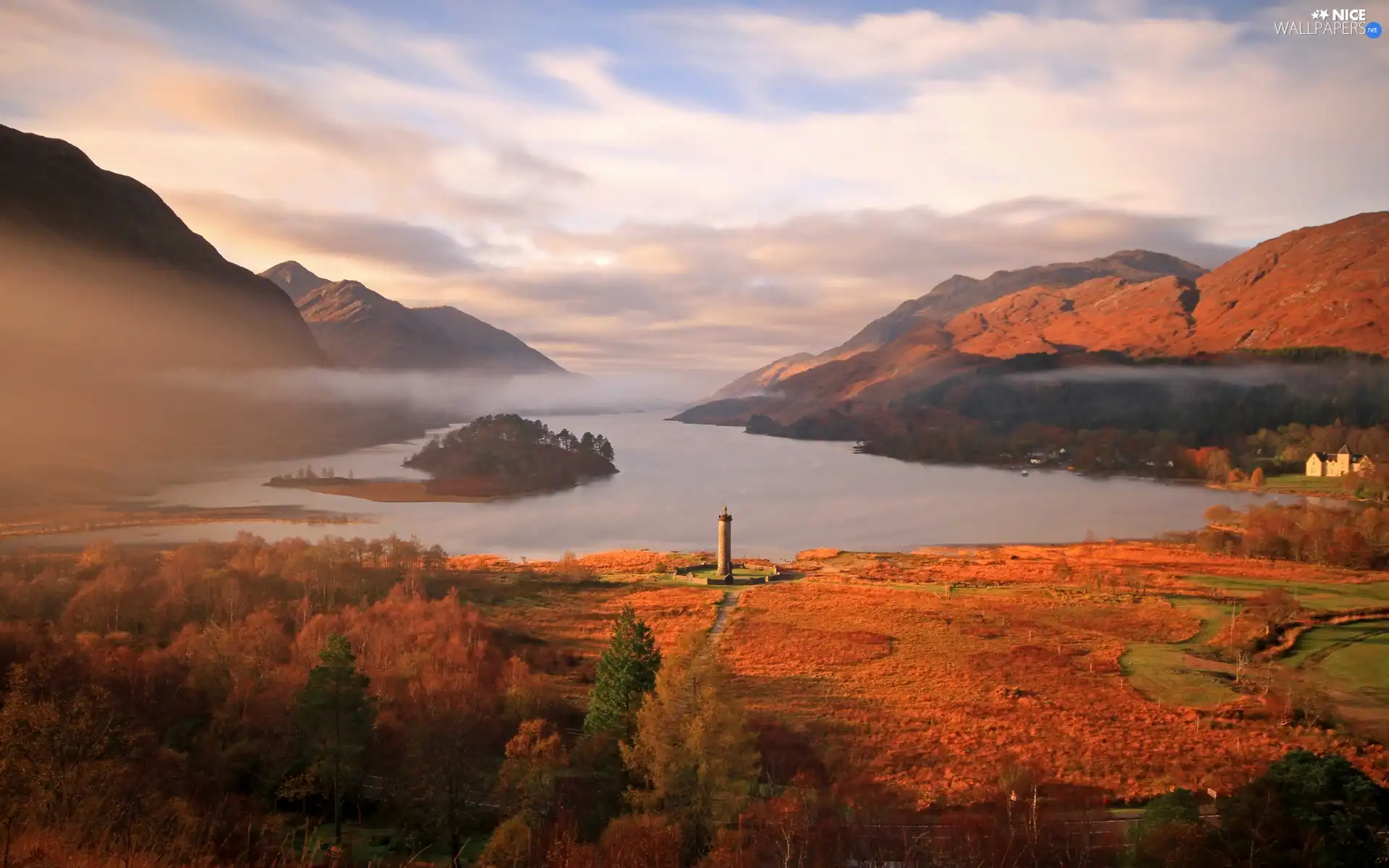 lake, Fog, clouds, Mountains