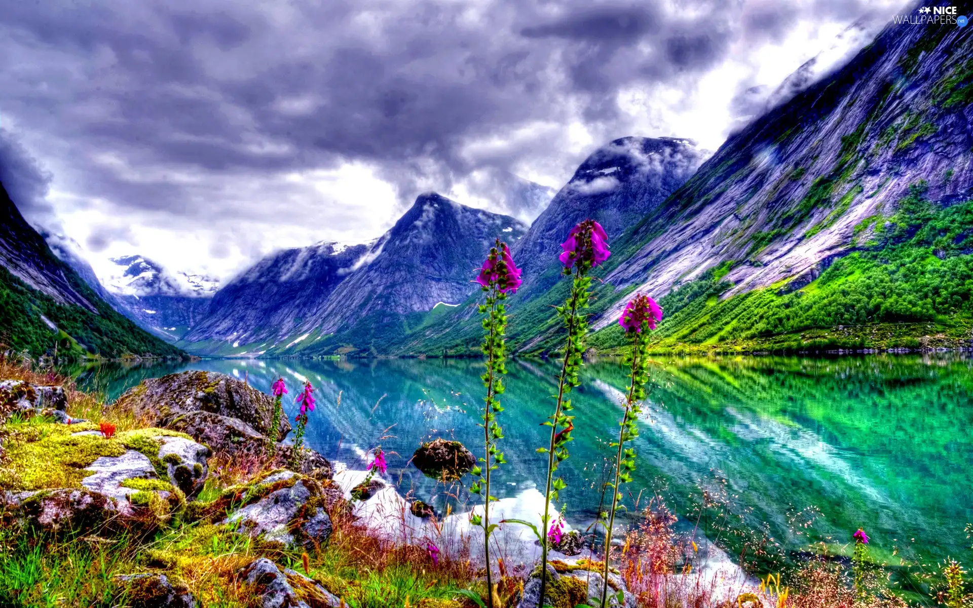 clouds, Mountains, lake