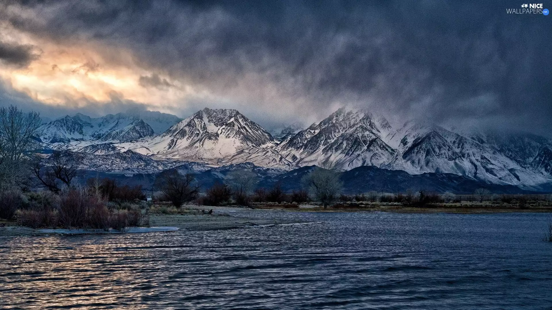 clouds, Mountains, lake