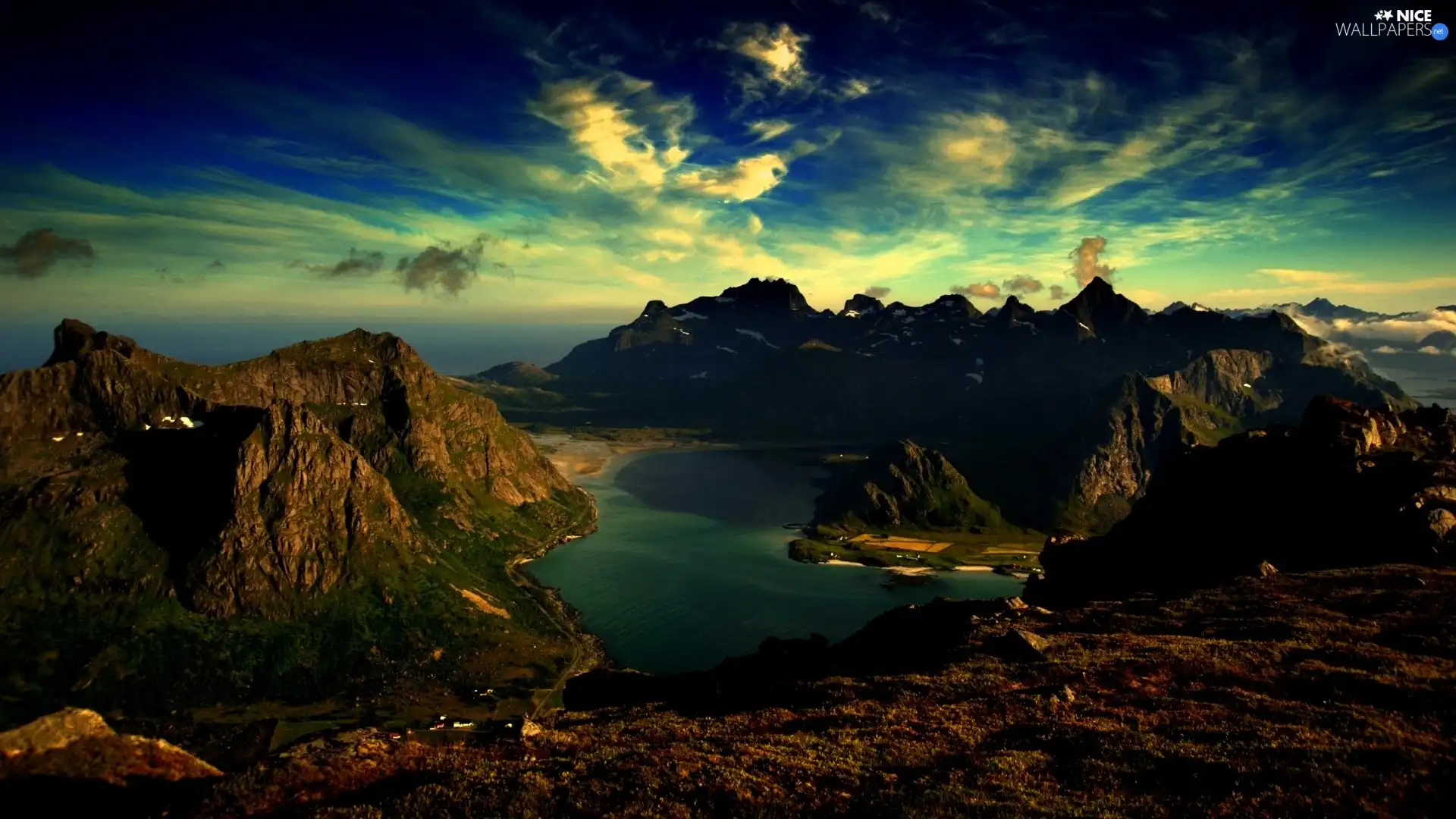 clouds, Mountains, lake