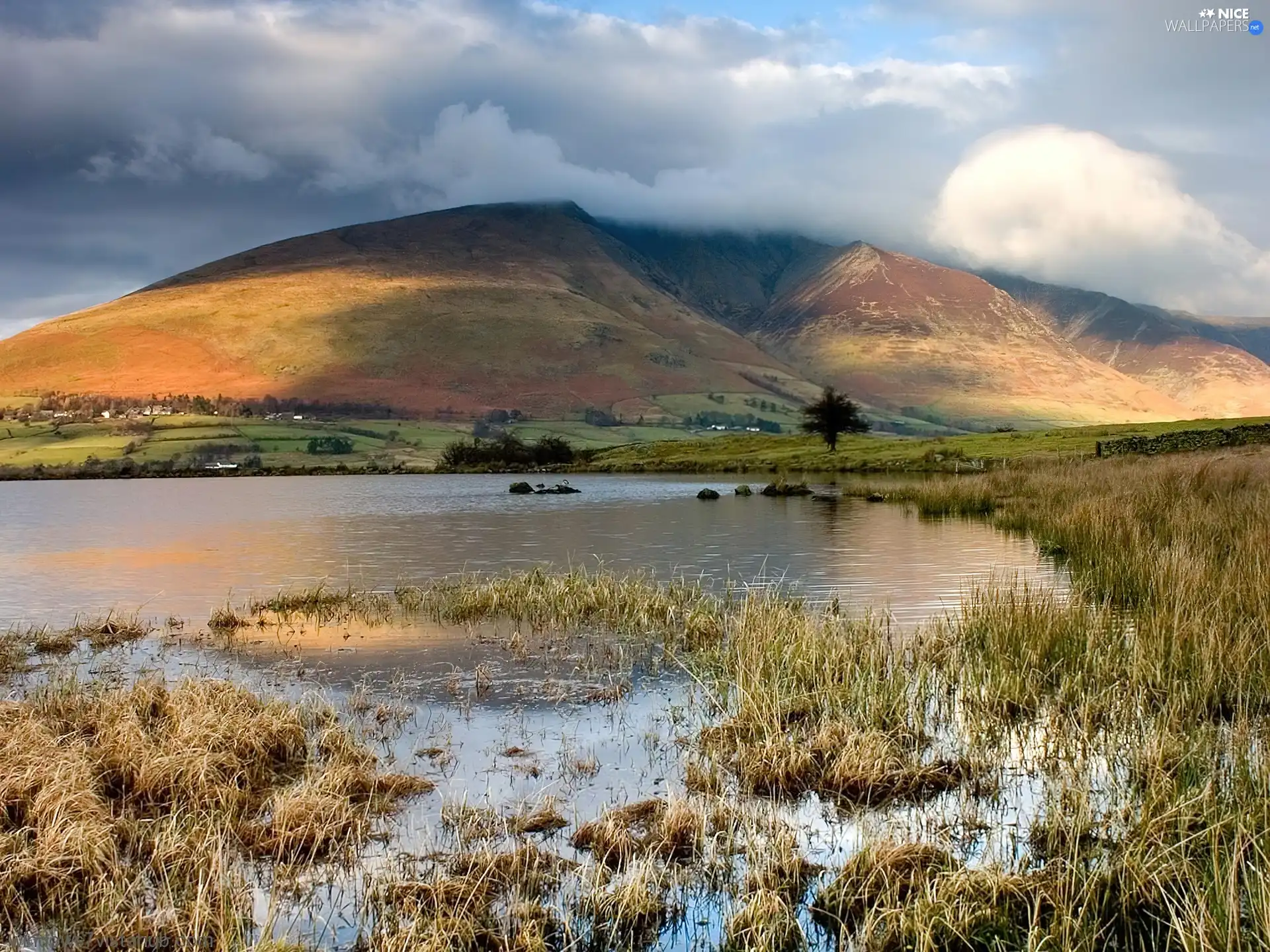 clouds, Mountains, lake