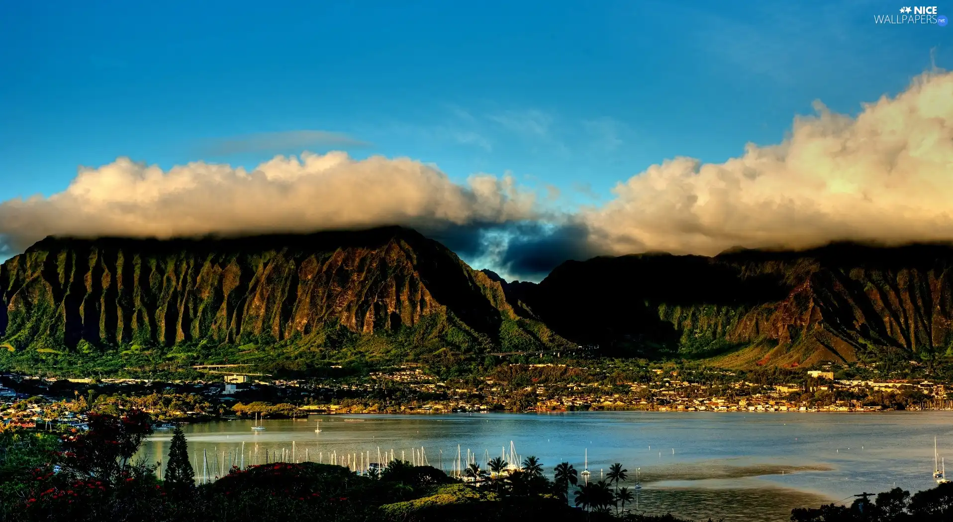 clouds, Mountains, lake