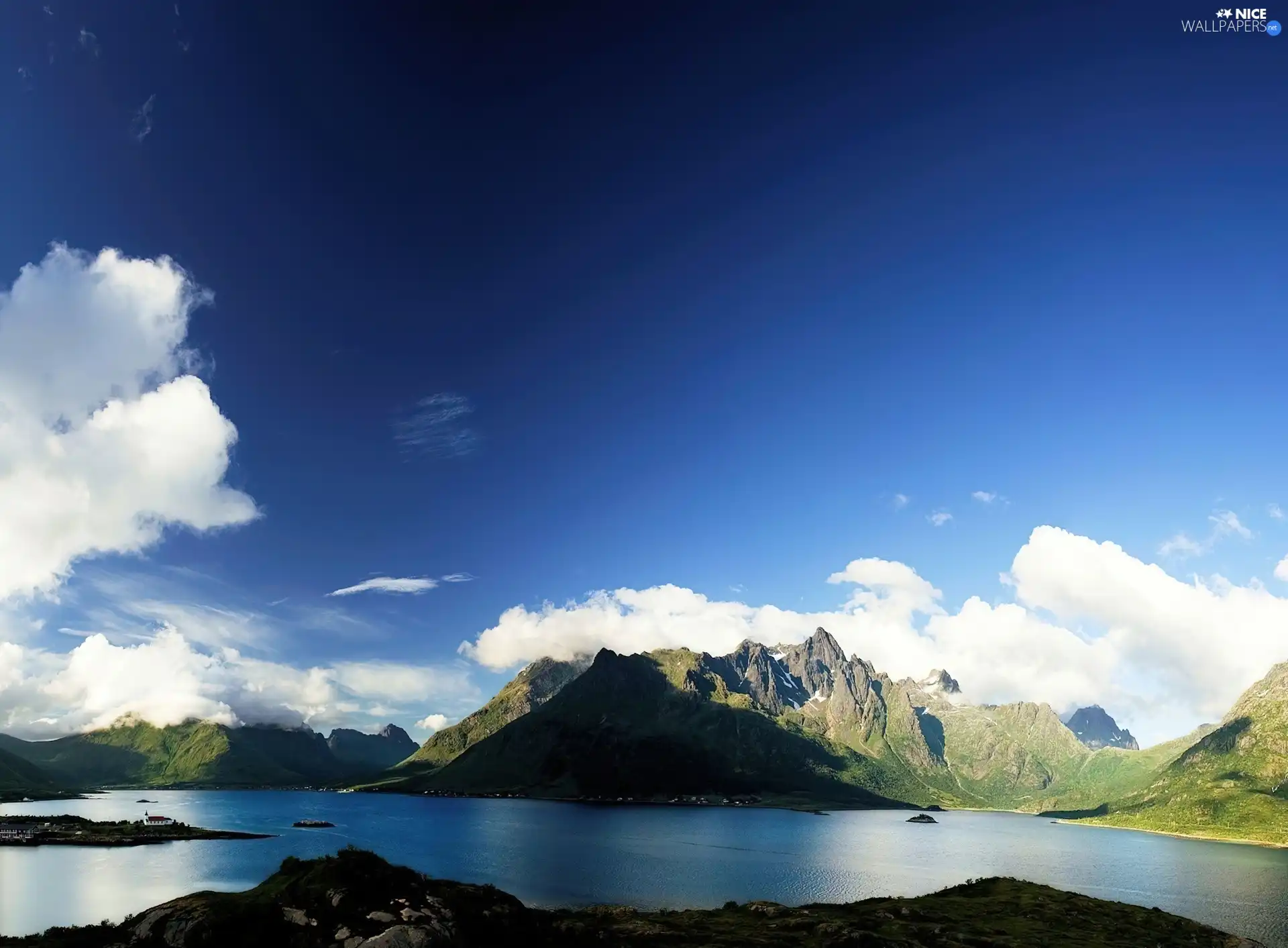 clouds, Mountains, lake