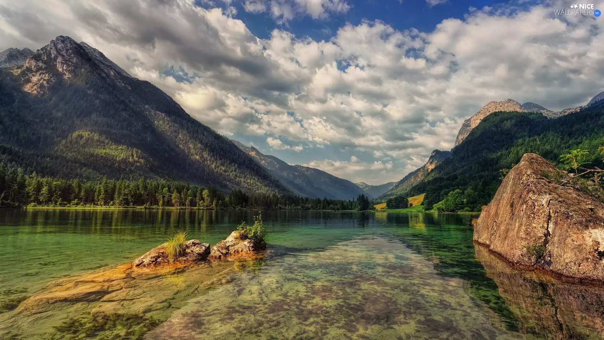 rocks, clouds, lake, forest, Mountains