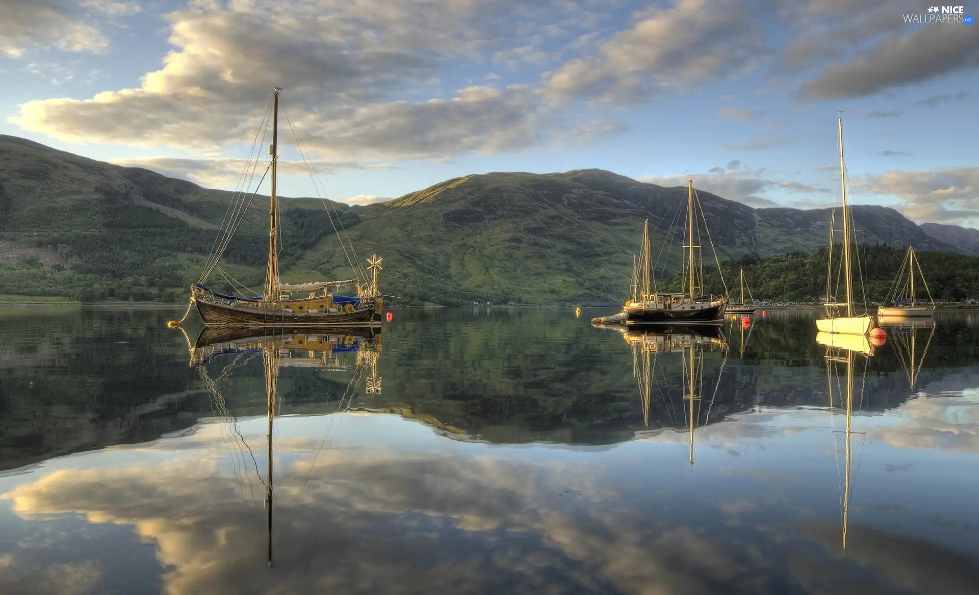 lake, Mountains, clouds, sailboats