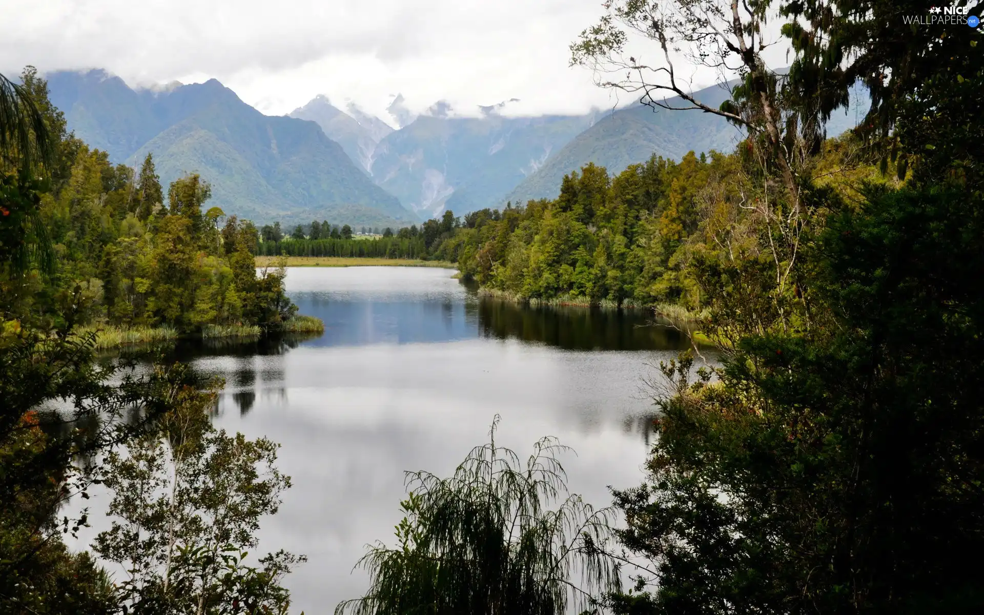 lake, Mountains, clouds, woods