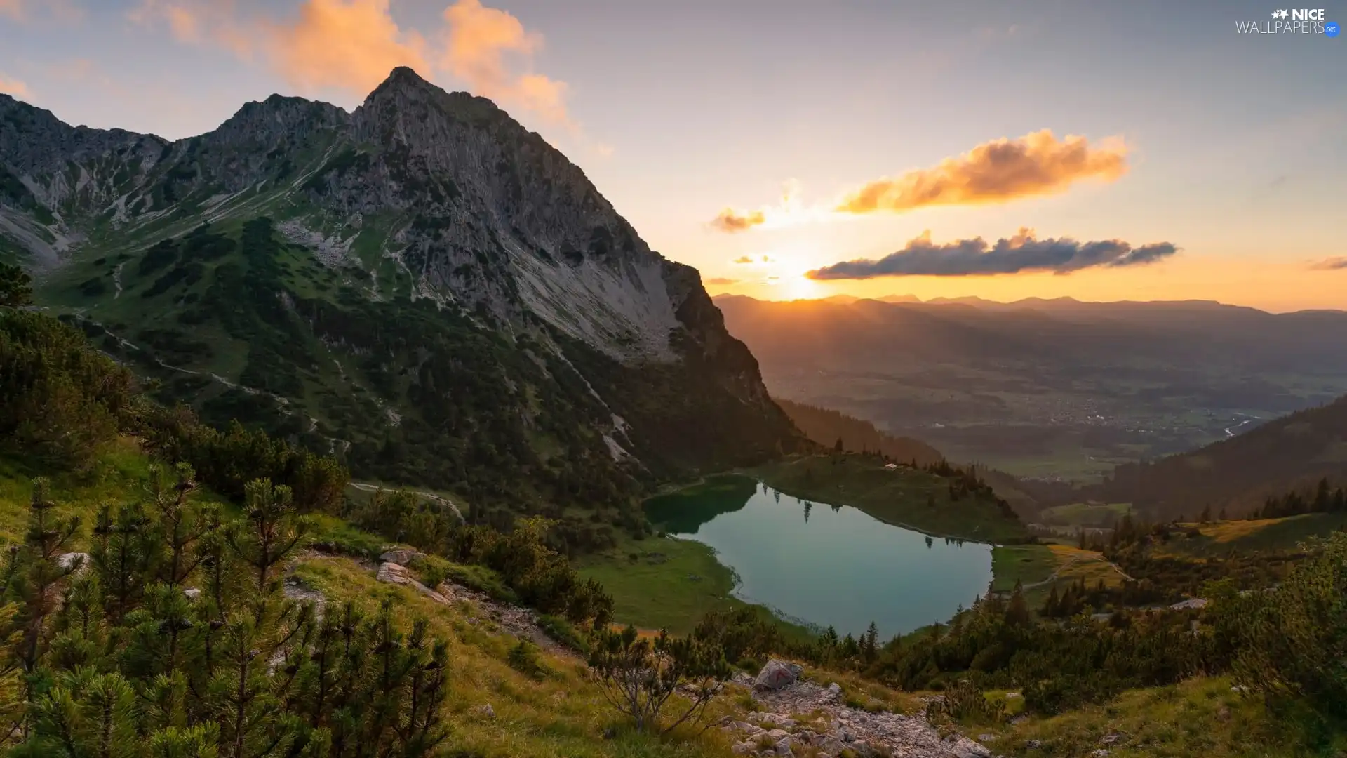 trees, Mountains, Sunrise, clouds, viewes, lake