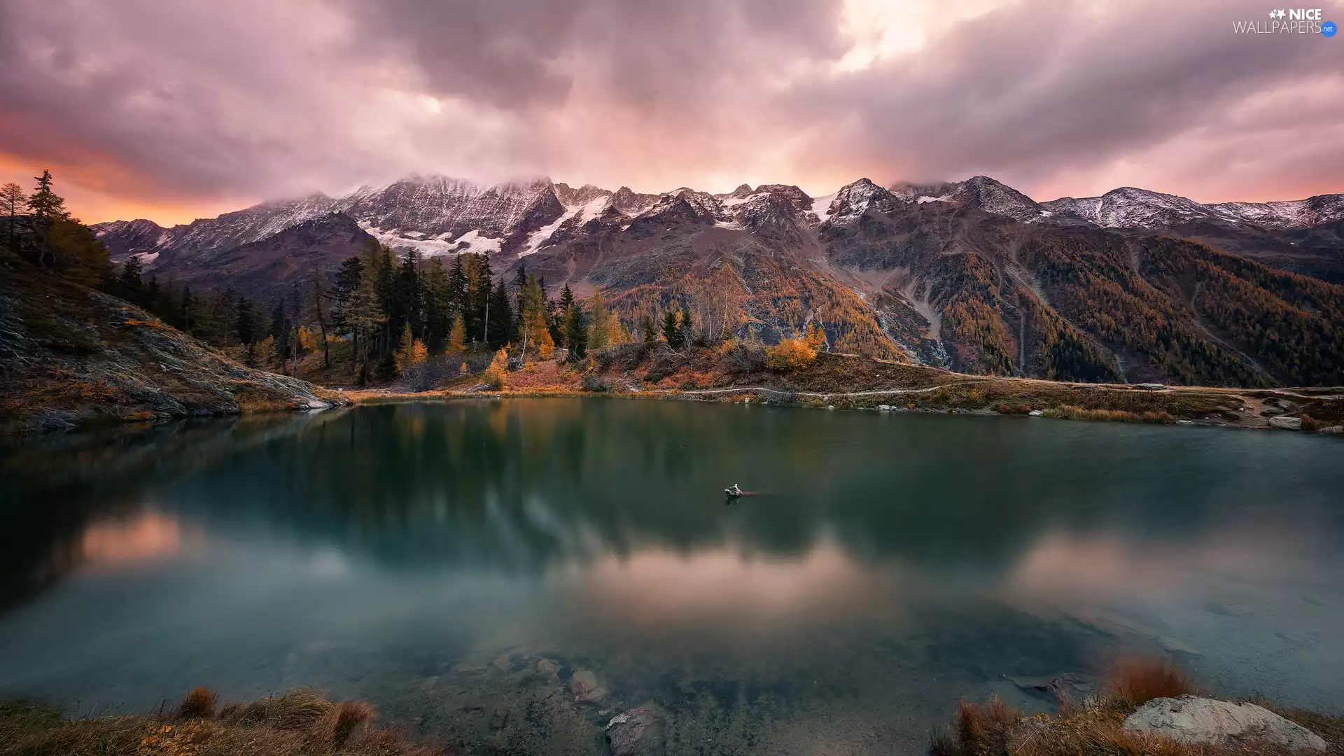 Yellowed, Mountains, viewes, clouds, trees, lake