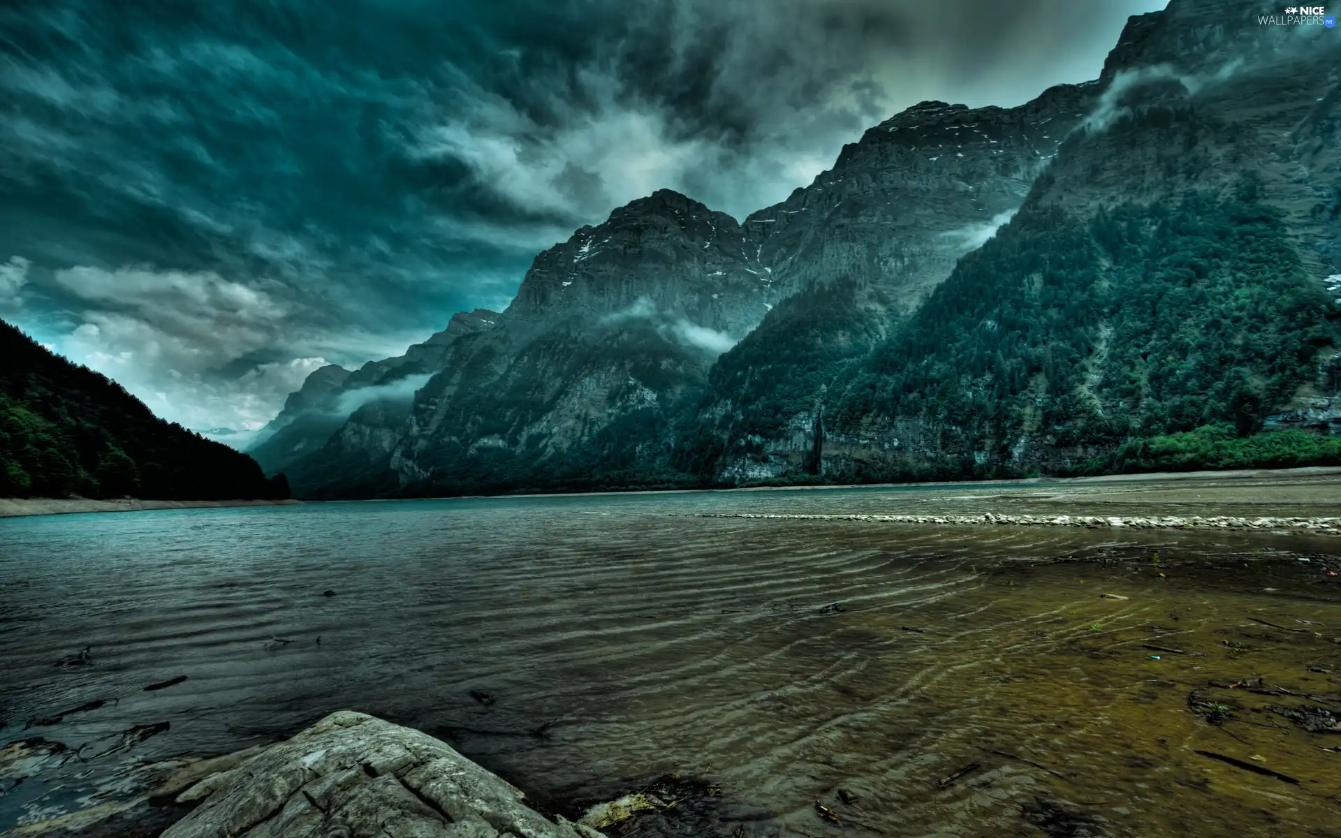 lakes, rocks, clouds, Mountains