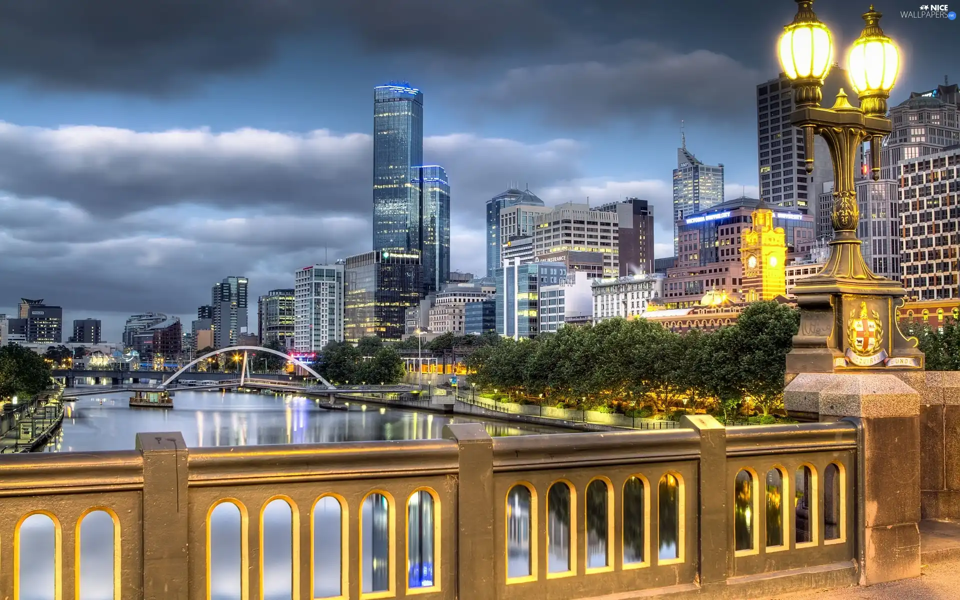 clouds, light, bridge, skyscrapers, River