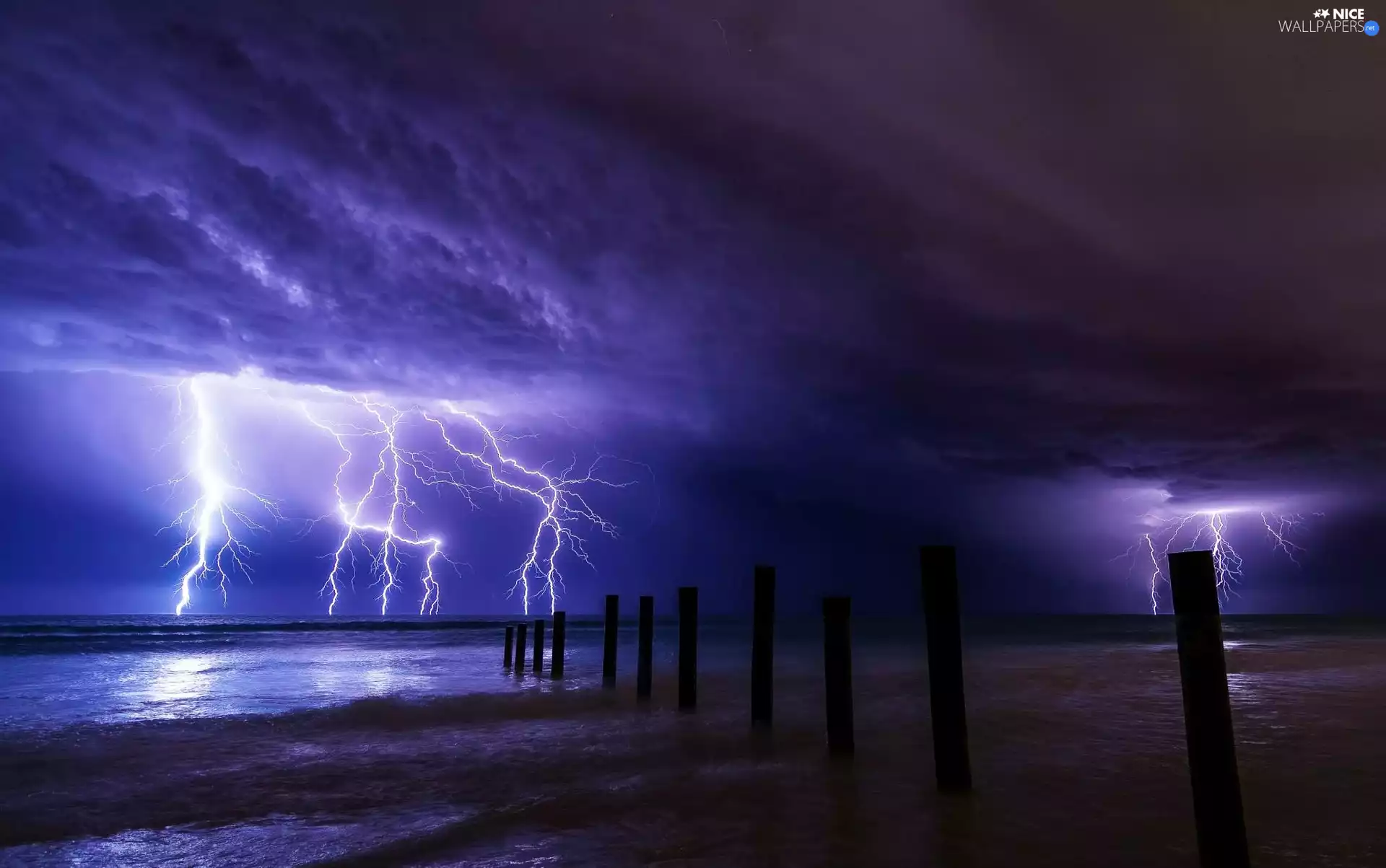 Lightning, sea, Pale, clouds
