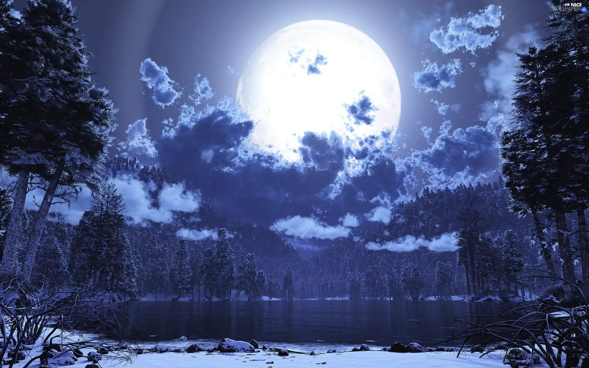 clouds, moon, lake, forest, winter