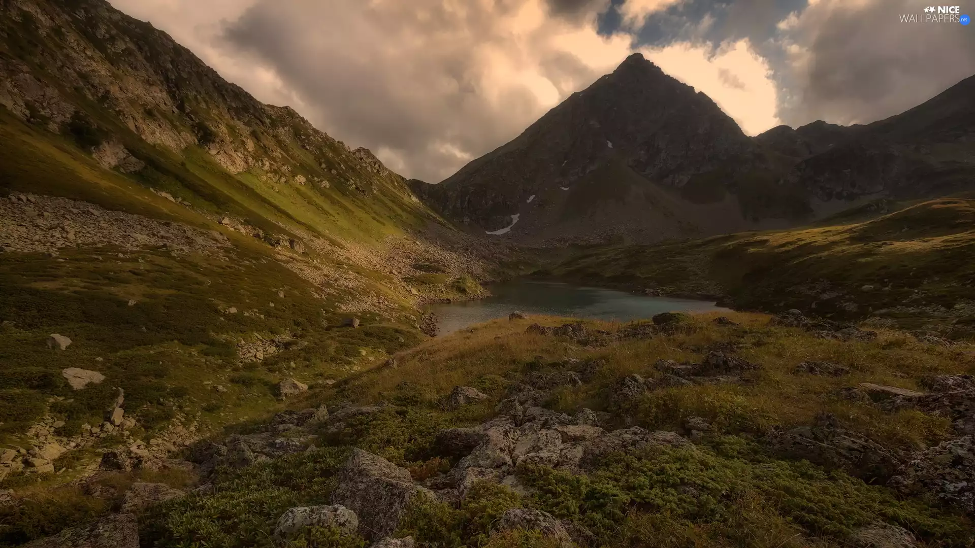rocks, clouds, mount, lake, Mountains