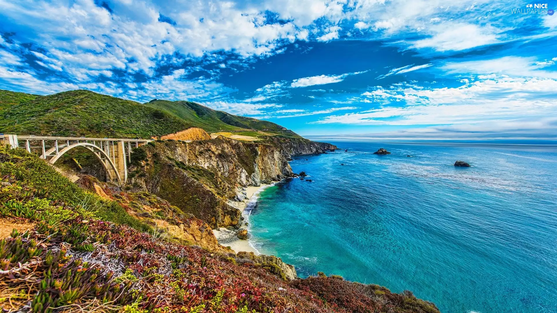 bridge, clouds, Mountains, Cliffs, Coast